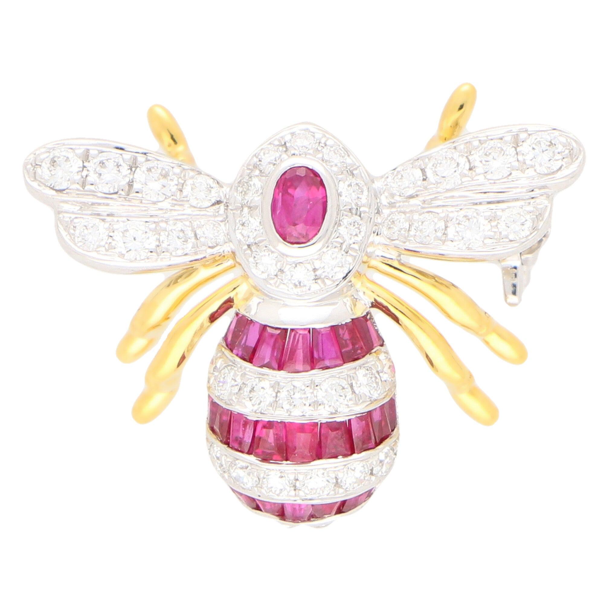 Ruby and Diamond Bee Brooch Pin Set in 18k Yellow and White Gold