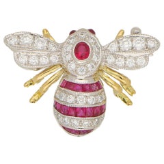 Ruby and Diamond Bee Brooch Set in 18 Karat Yellow and White Gold