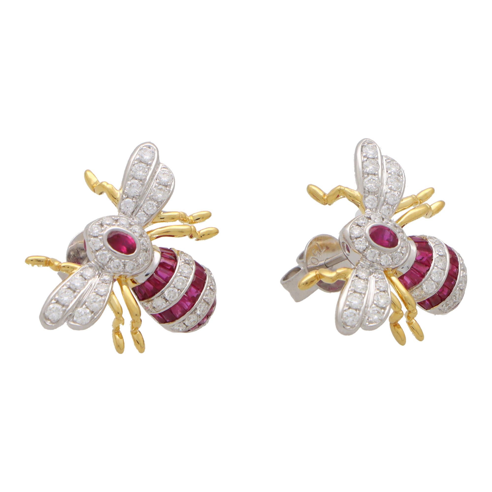 Modern Ruby and Diamond Bee Earring Set in 18k White and Yellow Gold For Sale