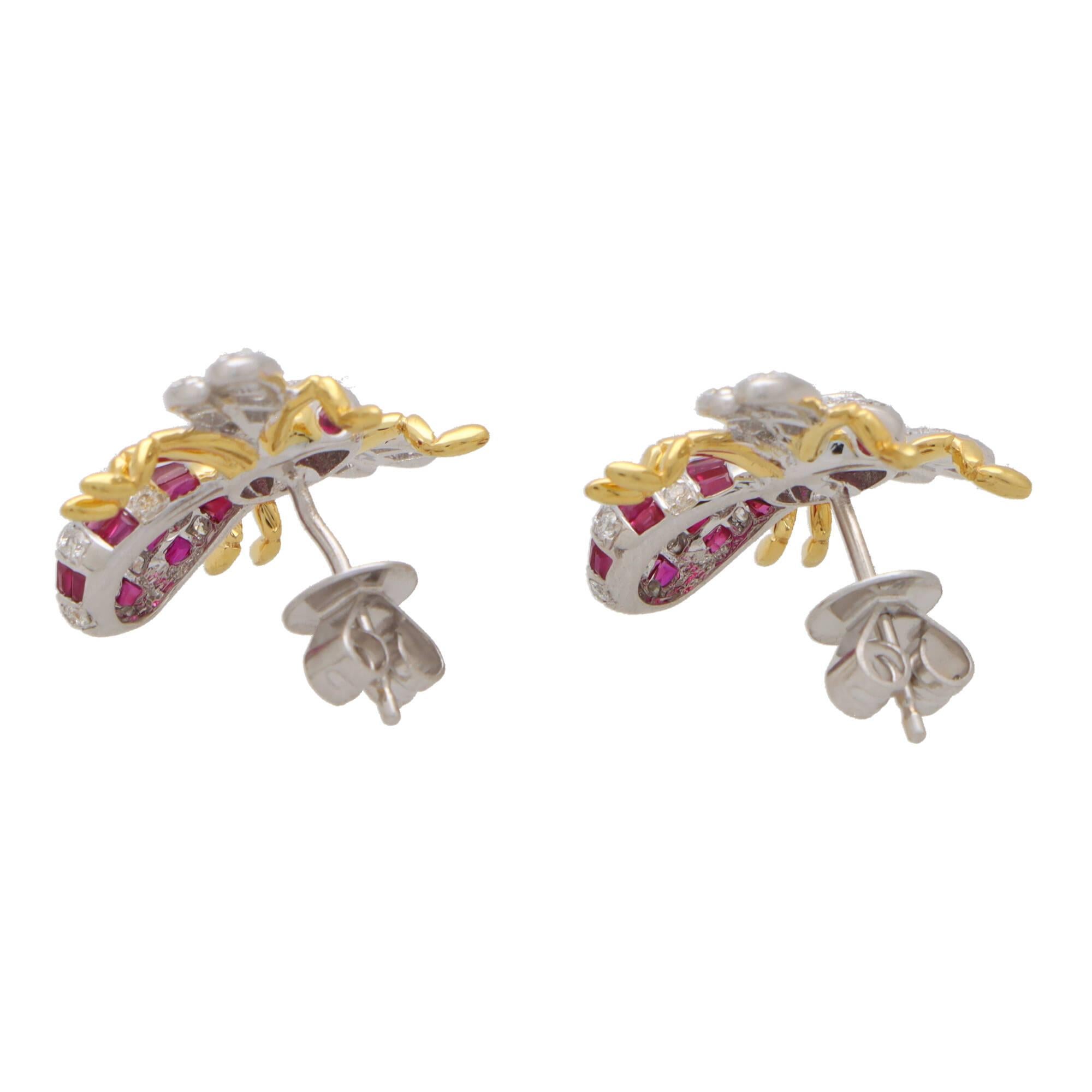 Round Cut Ruby and Diamond Bee Earring Set in 18k White and Yellow Gold For Sale