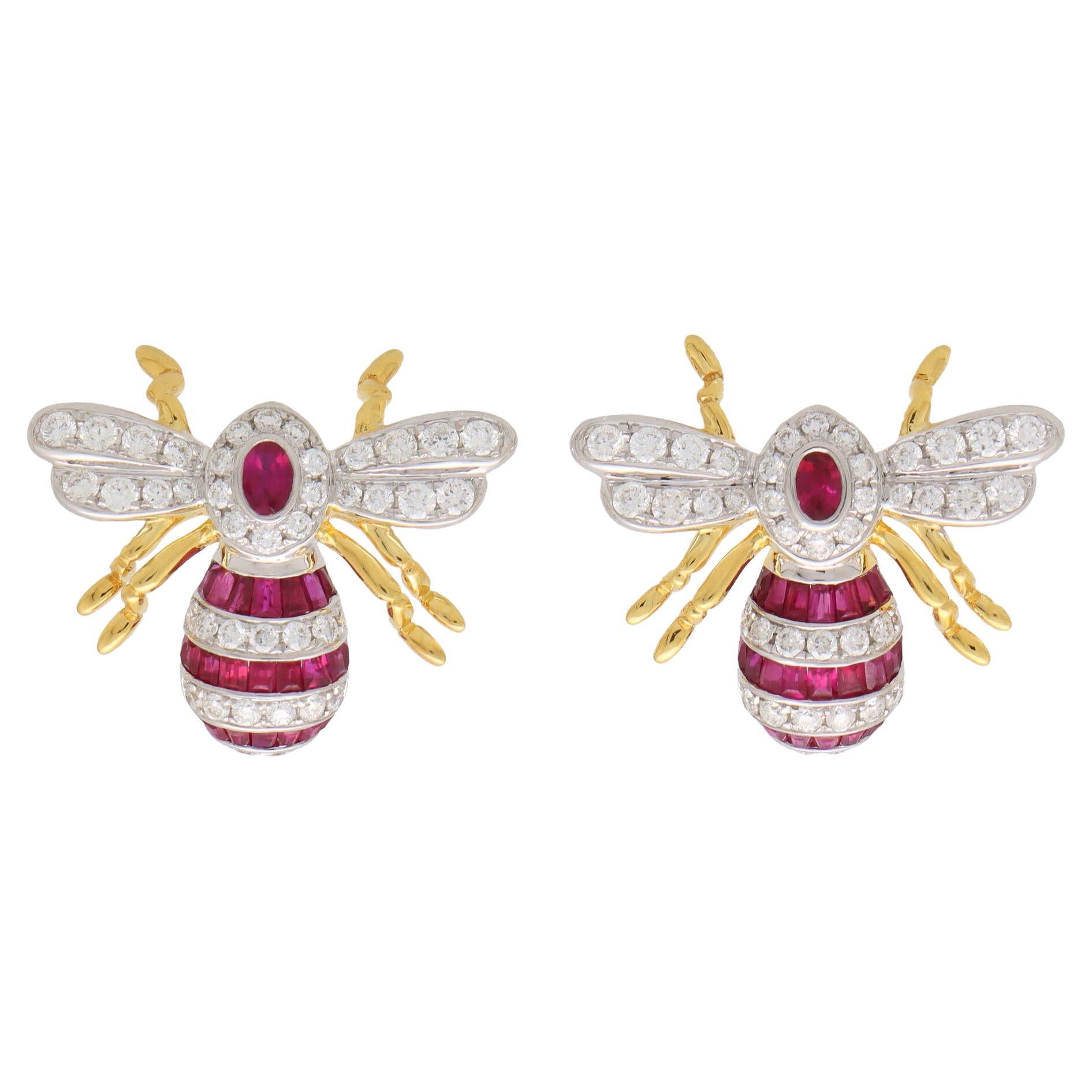 Ruby and Diamond Bee Earring Set in 18k White and Yellow Gold