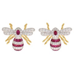 Ruby and Diamond Bee Earring Set in 18k White and Yellow Gold