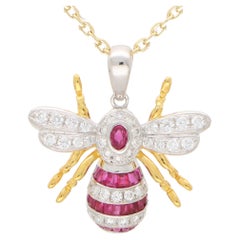 Ruby and Diamond Bee Pendant Set in 18k Yellow and White Gold