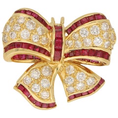 Vintage Ruby and Diamond Bow Brooch or Pendant in Yellow Gold