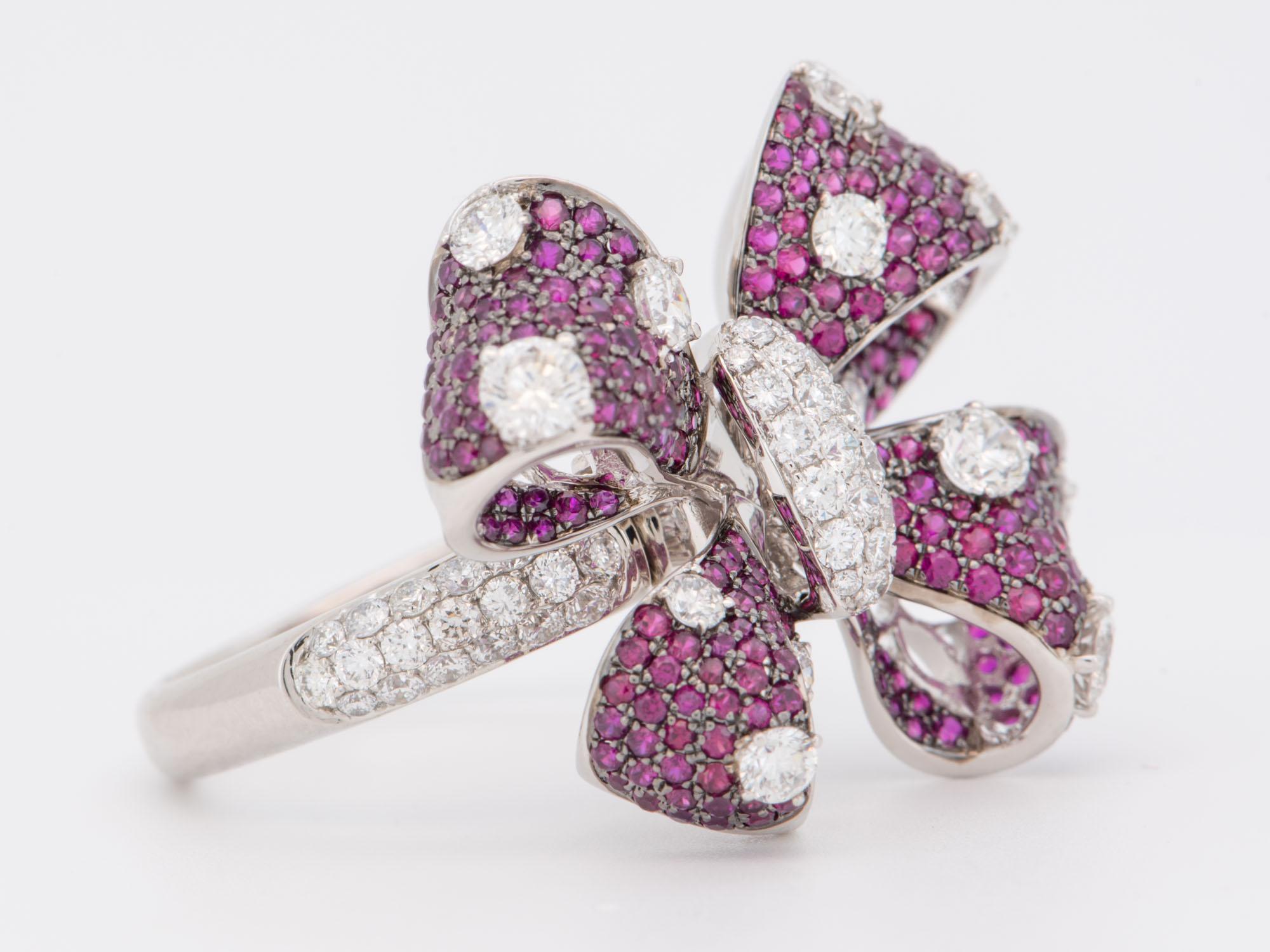 Round Cut Ruby and Diamond Bow Tie Flower Convertible Ring Brooch 18K White Gold R6725 For Sale