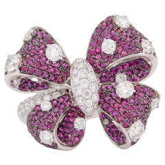 Ruby and Diamond Bow Tie Flower Convertible Ring Brooch 18K White Gold R6725