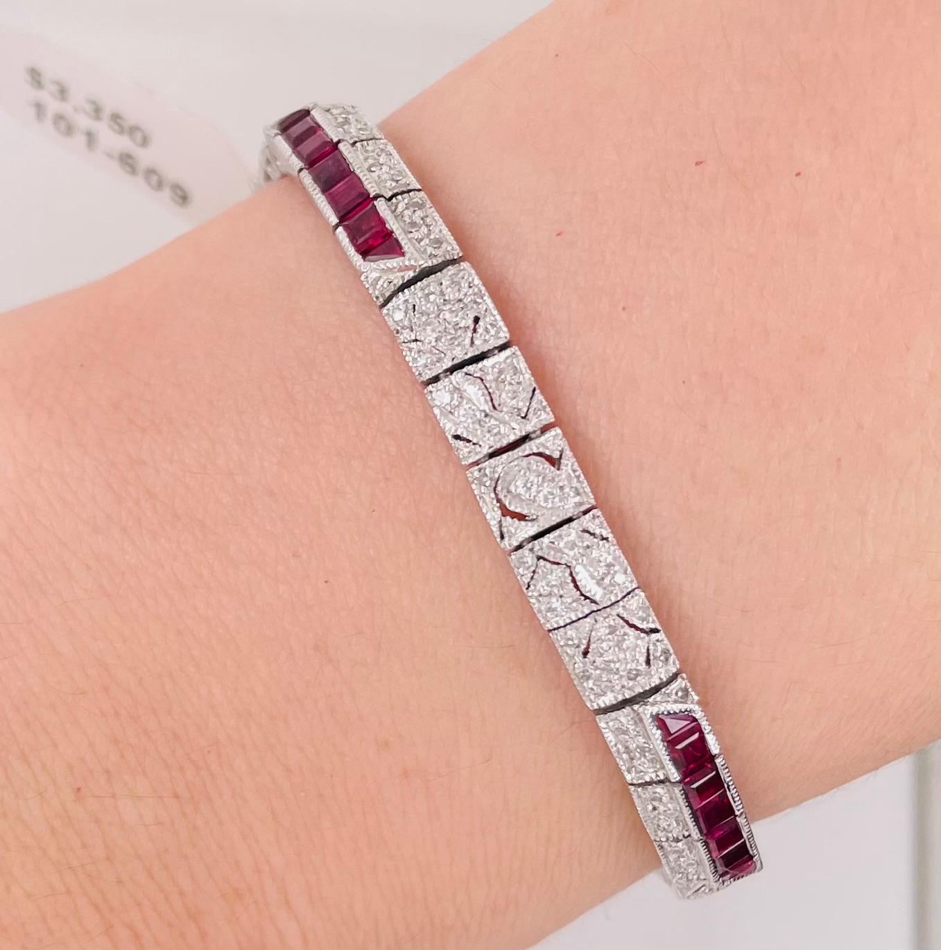 Bracciale di rubini e diamanti, stile Art Déco

TAGLIA 6 3/4 pollici
62=1,8 x 1,8MM Rubino Principessa,
Peso: 19 grammi