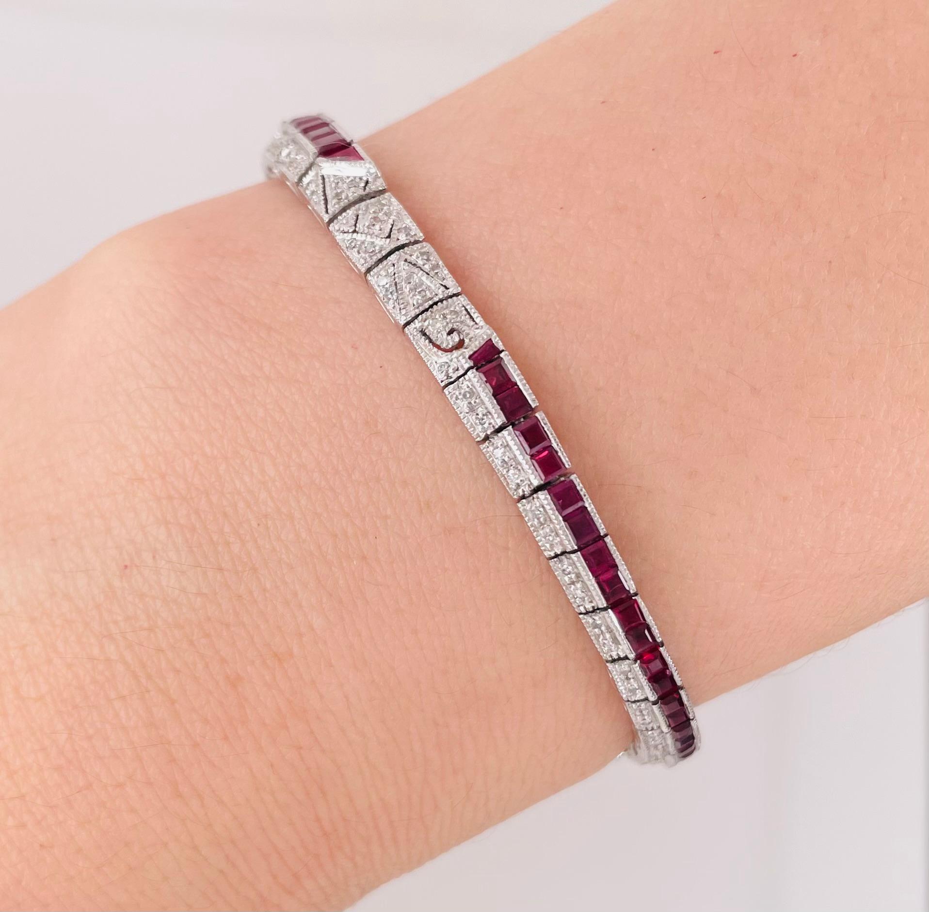 da uomo o donna Bracciale con rubini e diamanti, oro bianco 14 carati, stile Art Déco in vendita