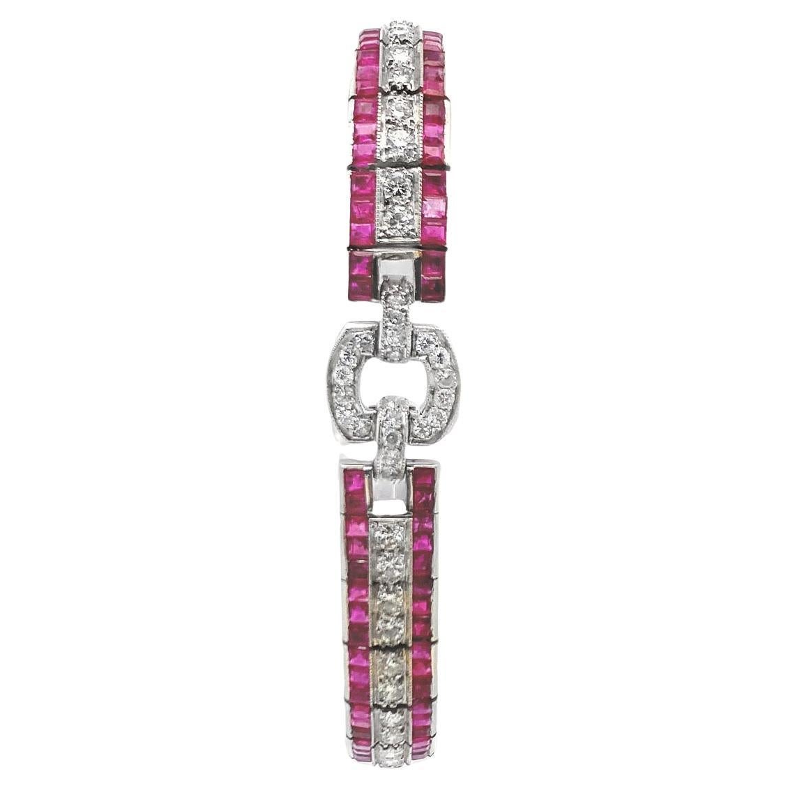 Ruby and Diamond Bracelet 

A beautiful art deco bracelet set with square cut rubies and round cut diamonds. 

Approximate measurements: 6.6