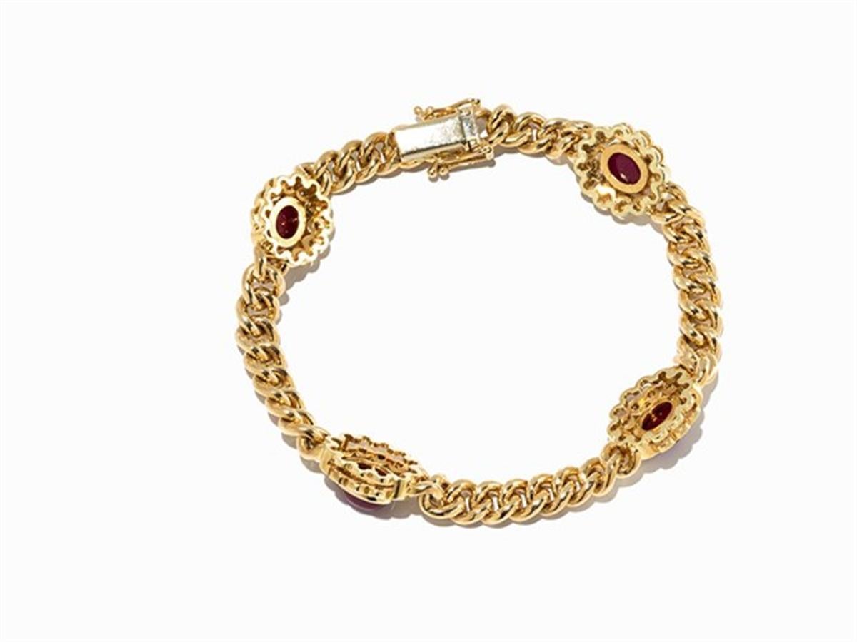 Cabochon Ruby and Diamond Bracelet in 14 Carat Yellow Gold