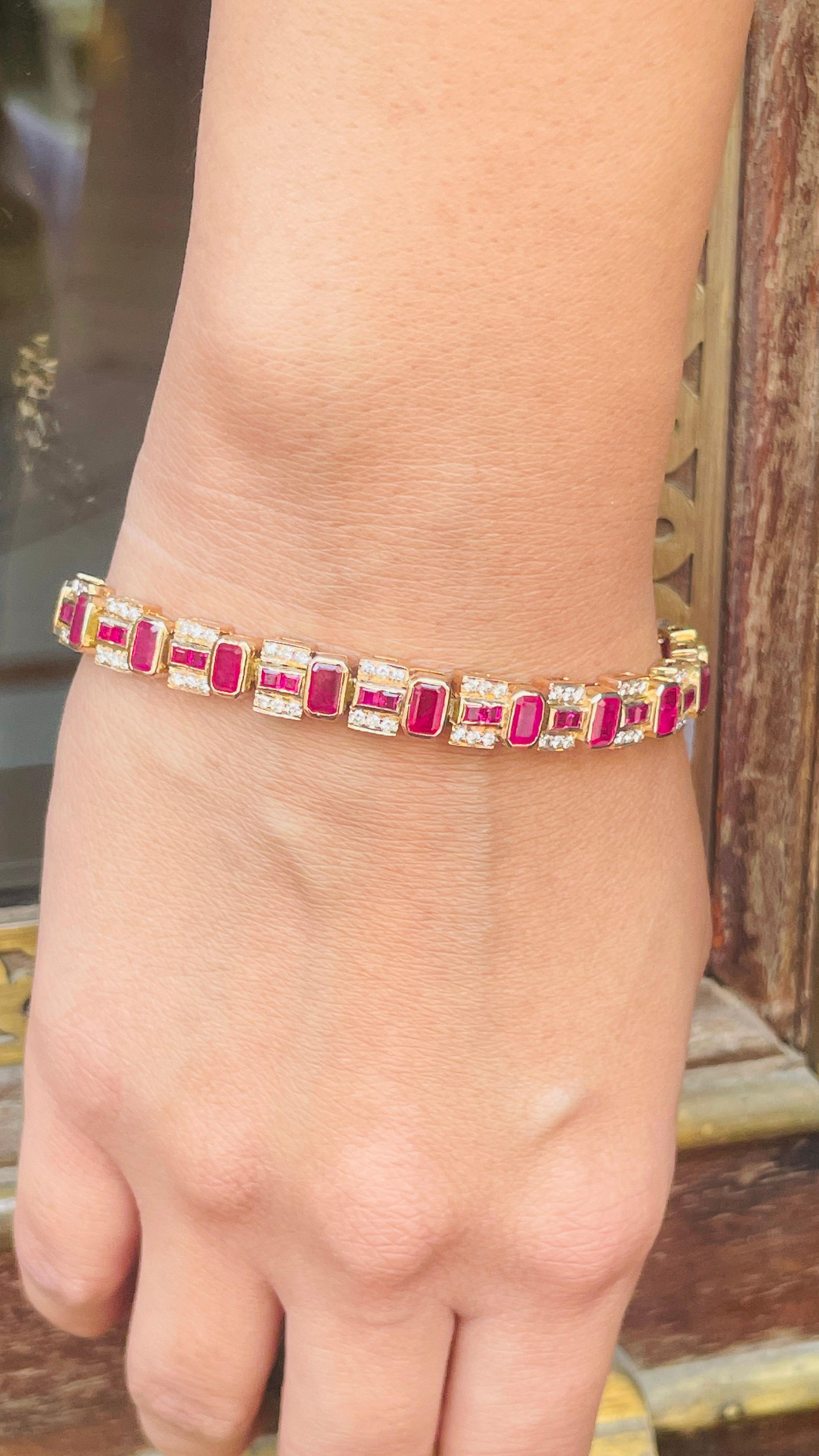 Ruby and Diamond Bracelet in 14 Karat Yellow Gold For Sale 4