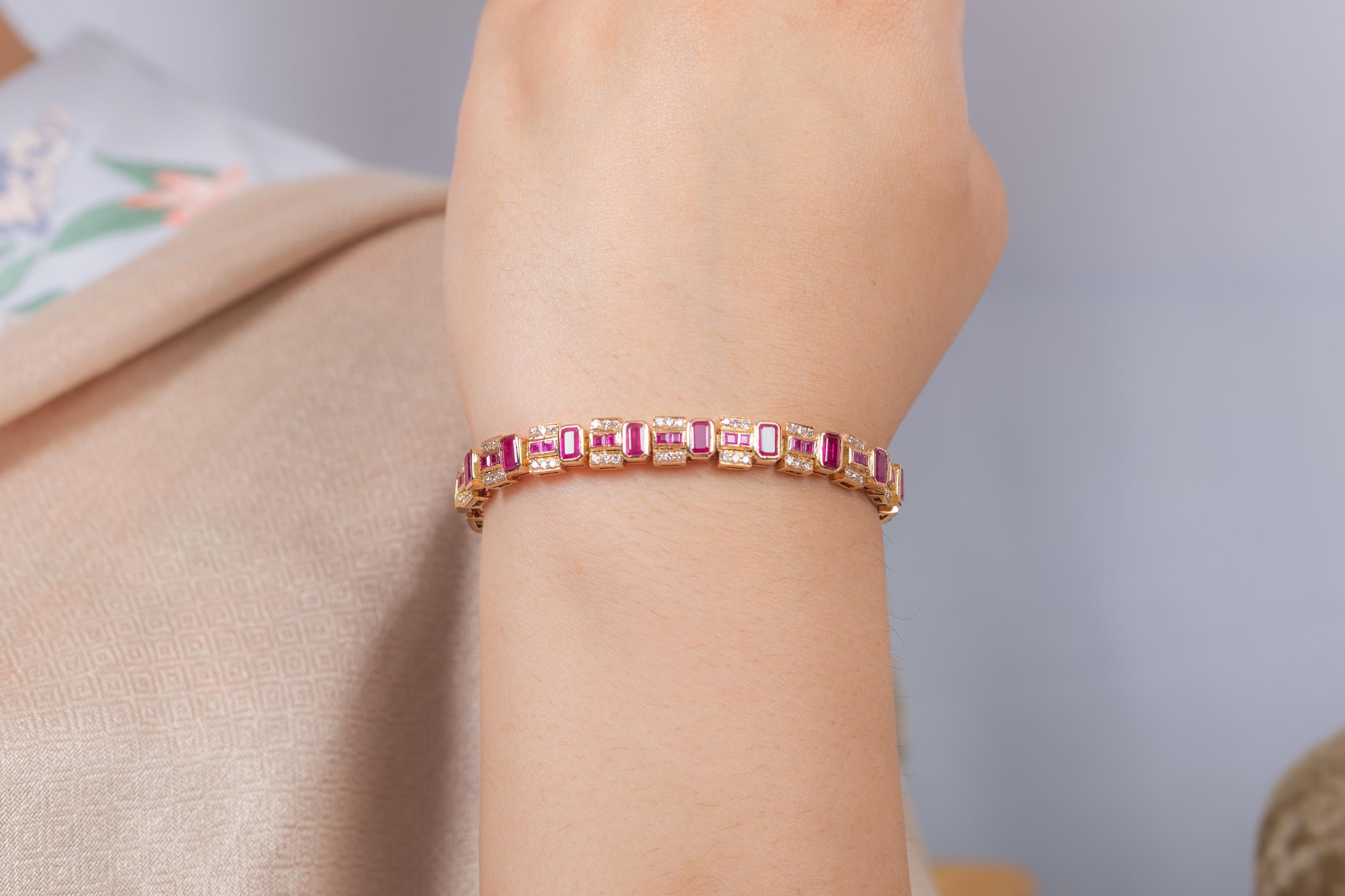 This Ruby and Diamond Bracelet in 14k Yellow Gold showcases 15 carats of endlessly sparkling natural ruby and 1.55 carats of diamond. It measures 7 inches long in length. 
Ruby improves mental strength.
Designed with octagon, square cut ruby and