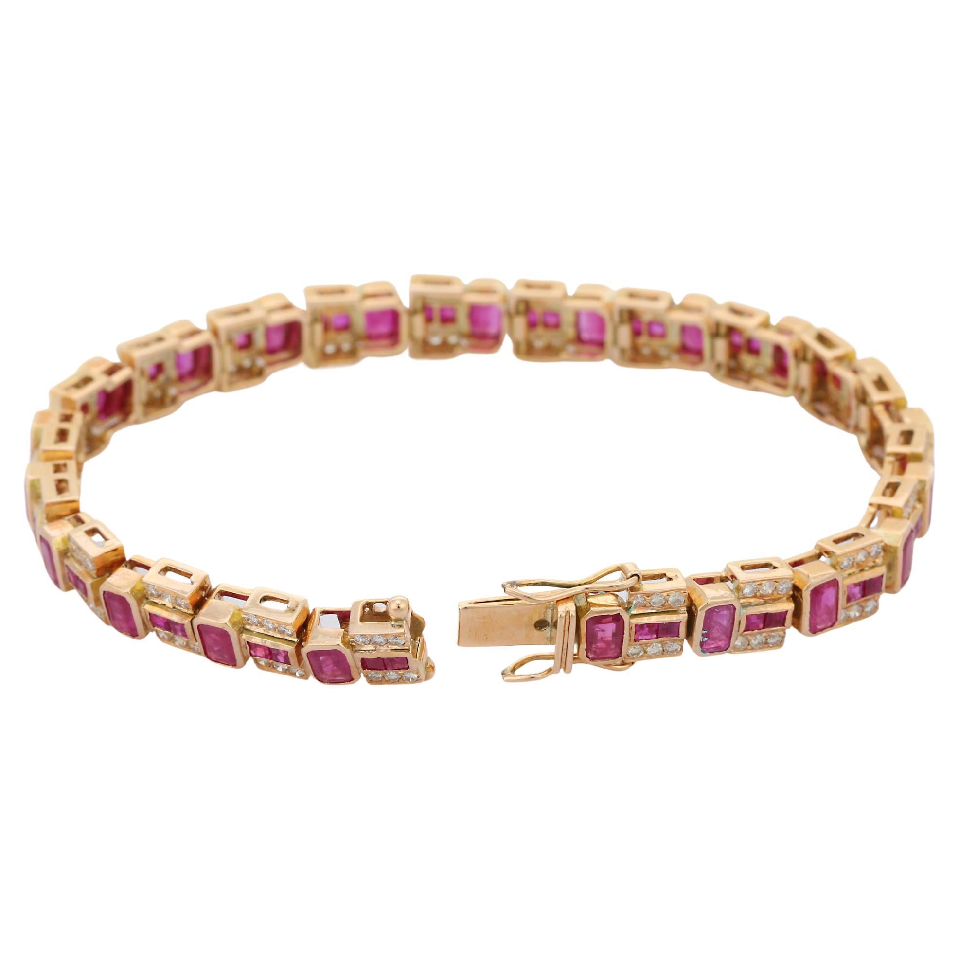 Modern Ruby and Diamond Bracelet in 14 Karat Yellow Gold For Sale