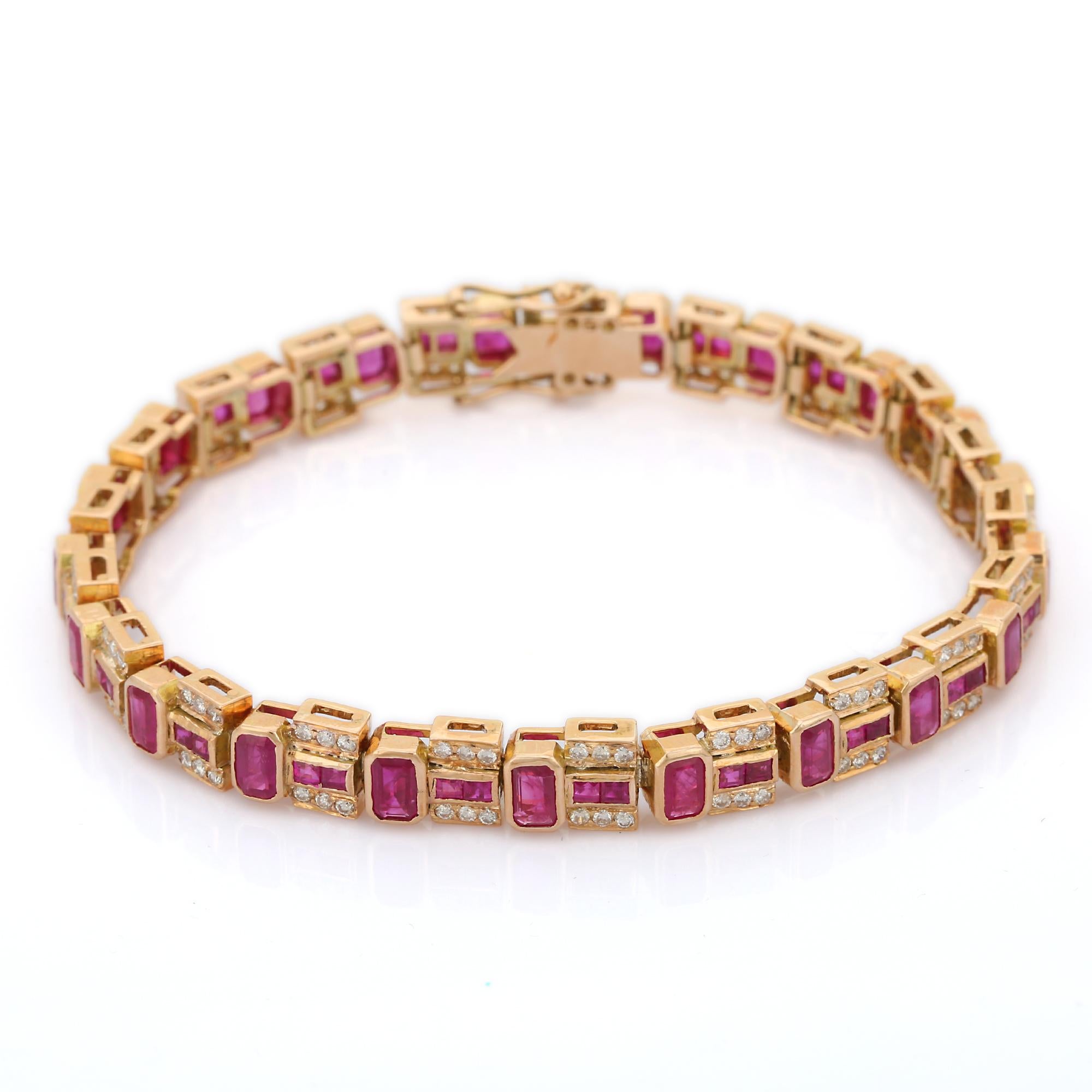 Octagon Cut Ruby and Diamond Bracelet in 14 Karat Yellow Gold For Sale