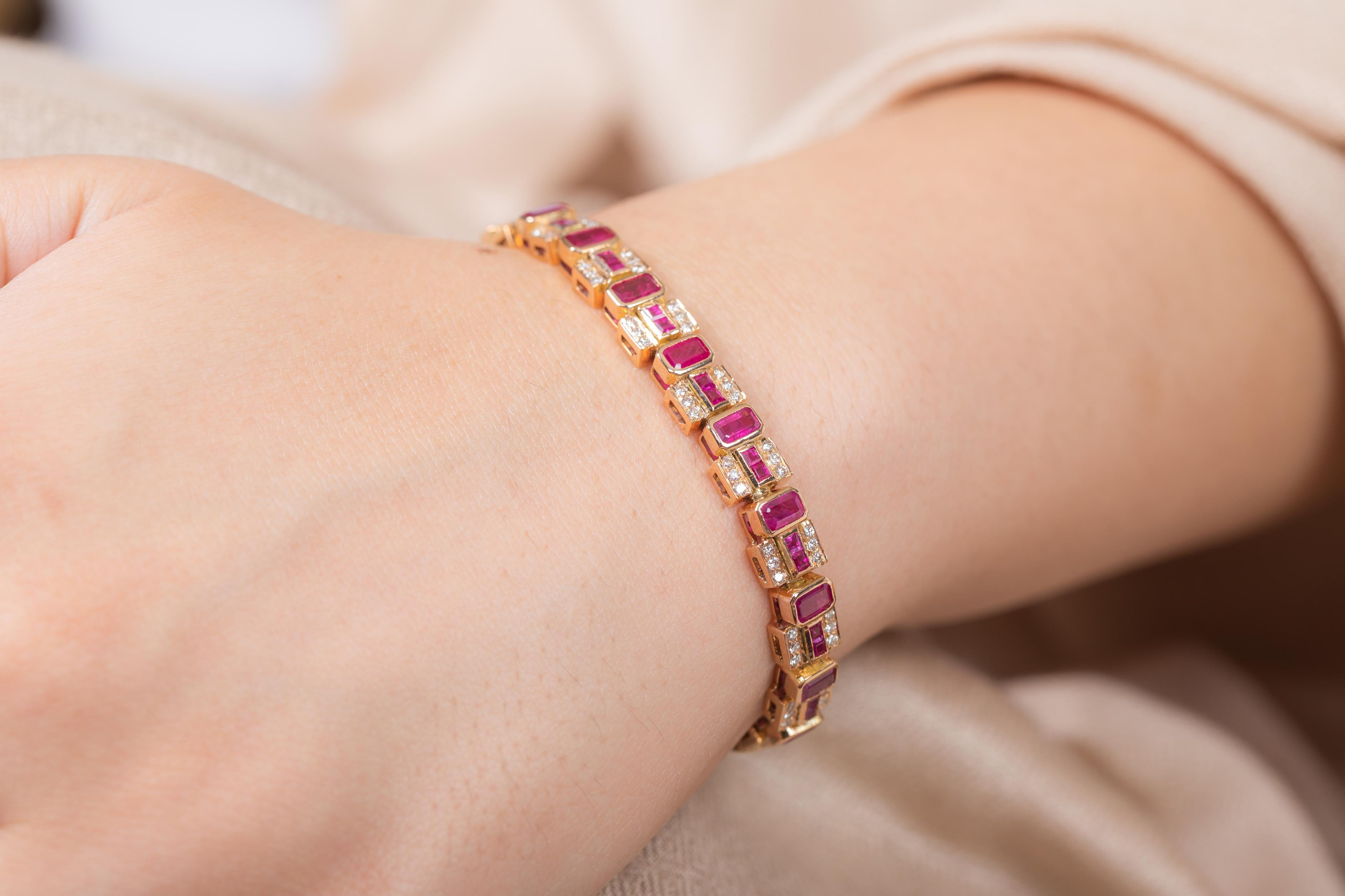 Modern Ruby and Diamond Bracelet in 14 Karat Yellow Gold For Sale