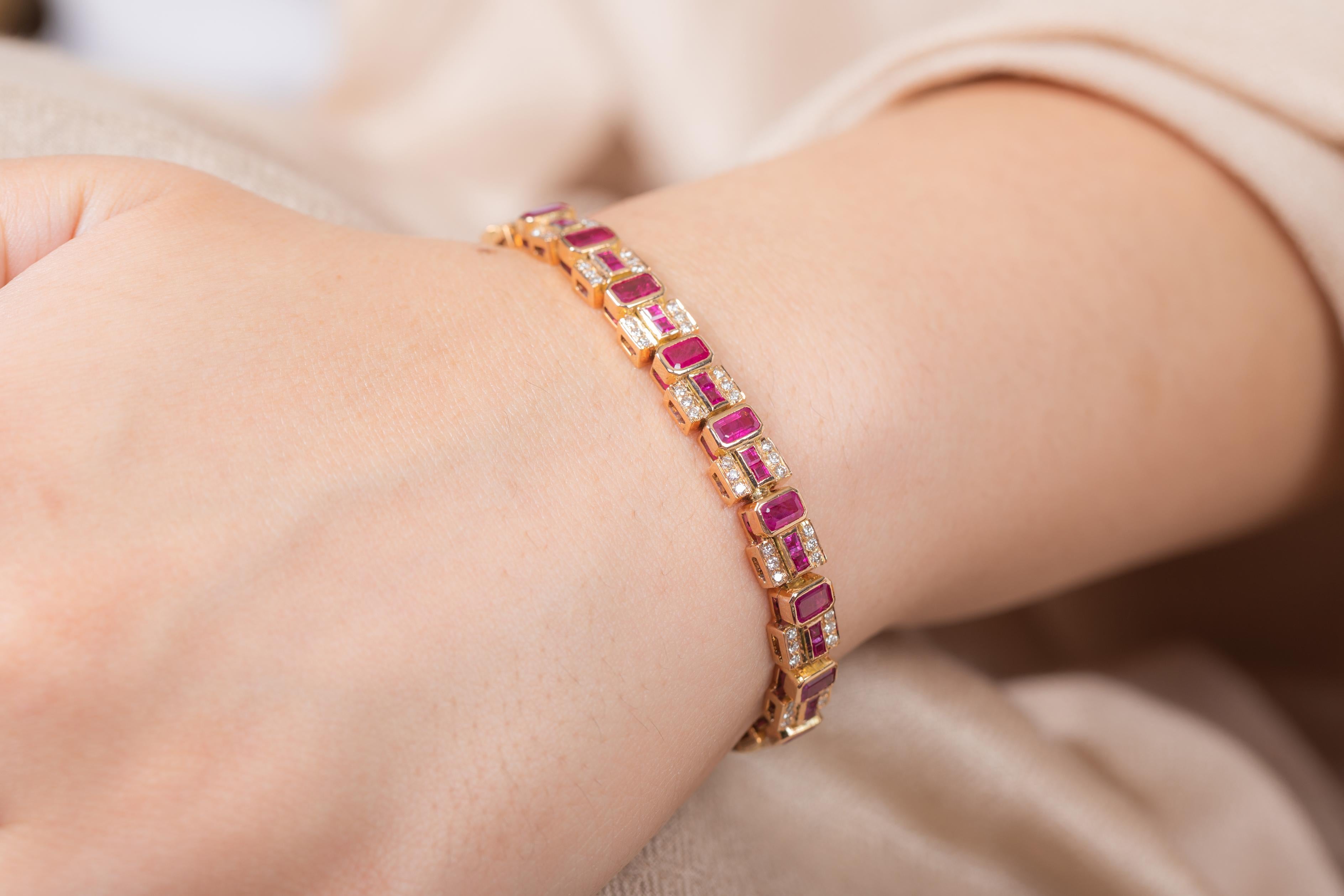 Women's Ruby and Diamond Bracelet in 14 Karat Yellow Gold For Sale