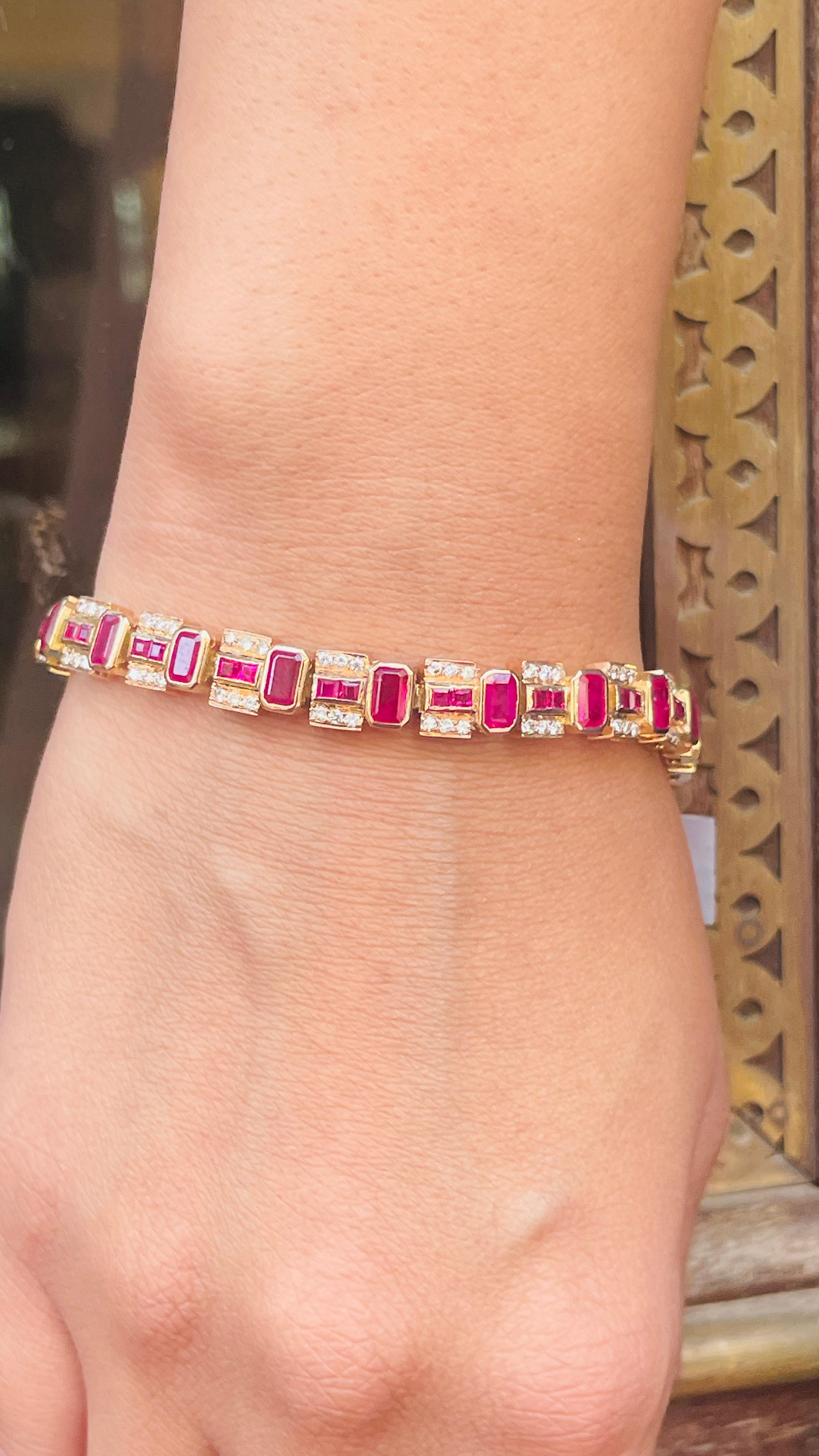 Ruby and Diamond Bracelet in 14 Karat Yellow Gold For Sale 3