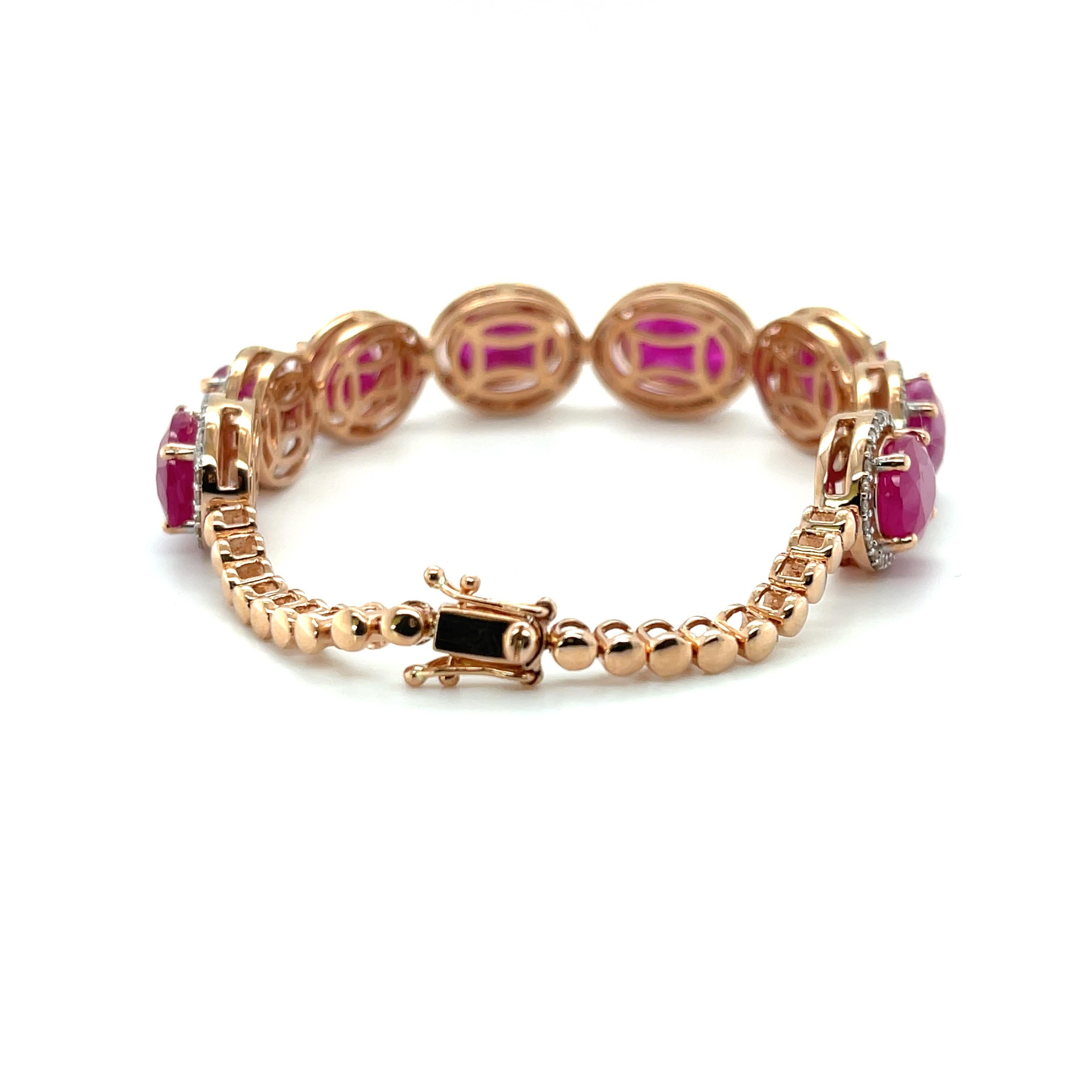 Oval Cut Ruby and Diamond Bracelet in 14ct Rose Gold For Sale