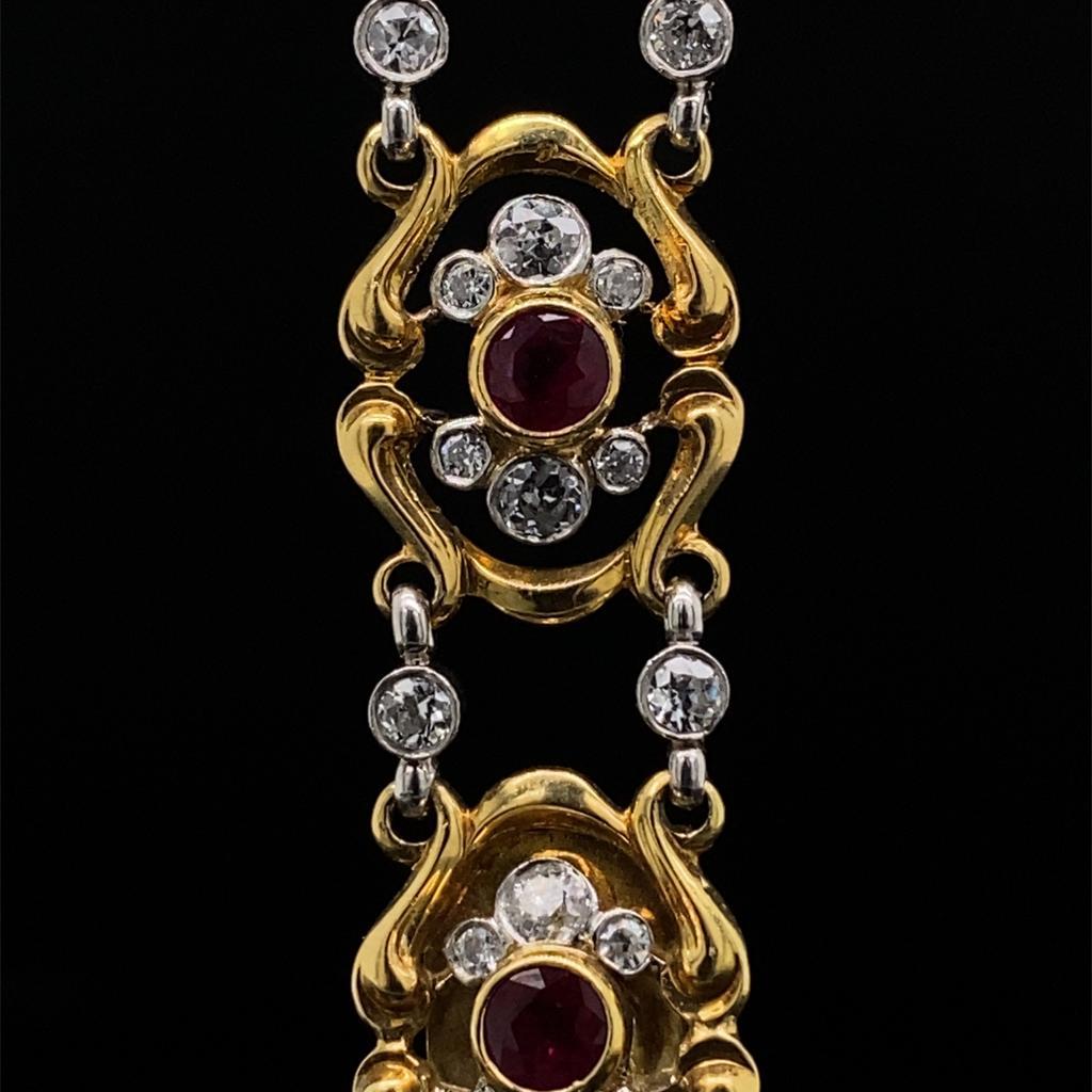 Round Cut Ruby and Diamond Bracelet in 18 Karat Yellow Gold and Platinum, Circa 1910 For Sale