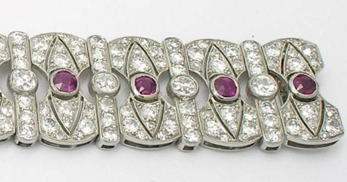 Art Deco Ruby and Diamond Bracelet in 18K White Gold For Sale