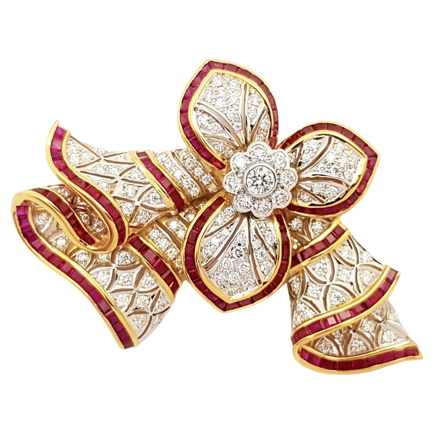 Ruby and Diamond Brooch/Pendant set in 18K Gold Settings For Sale