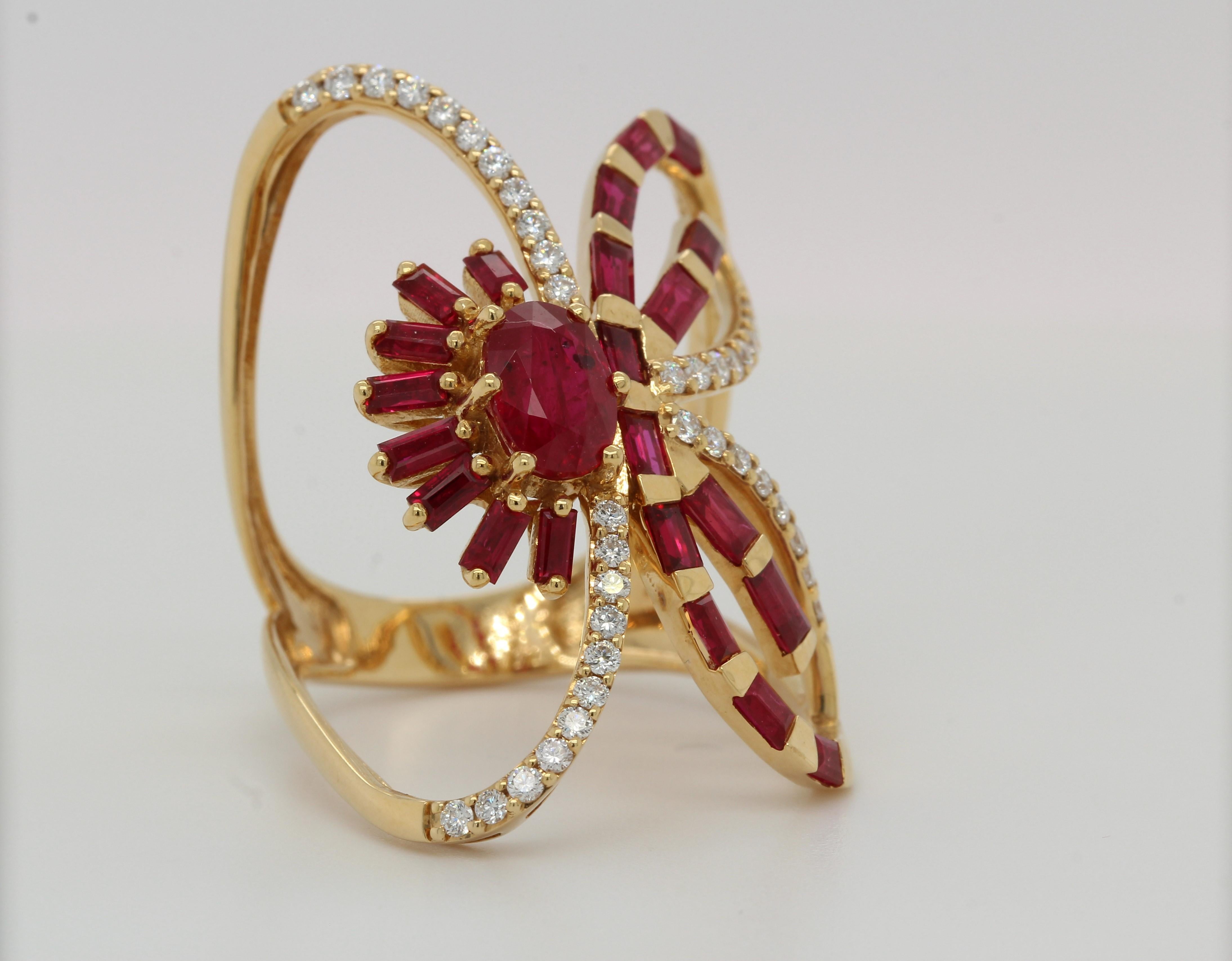 Oval Cut Ruby and Diamond Butterfly Ring in 18 Karat Gold