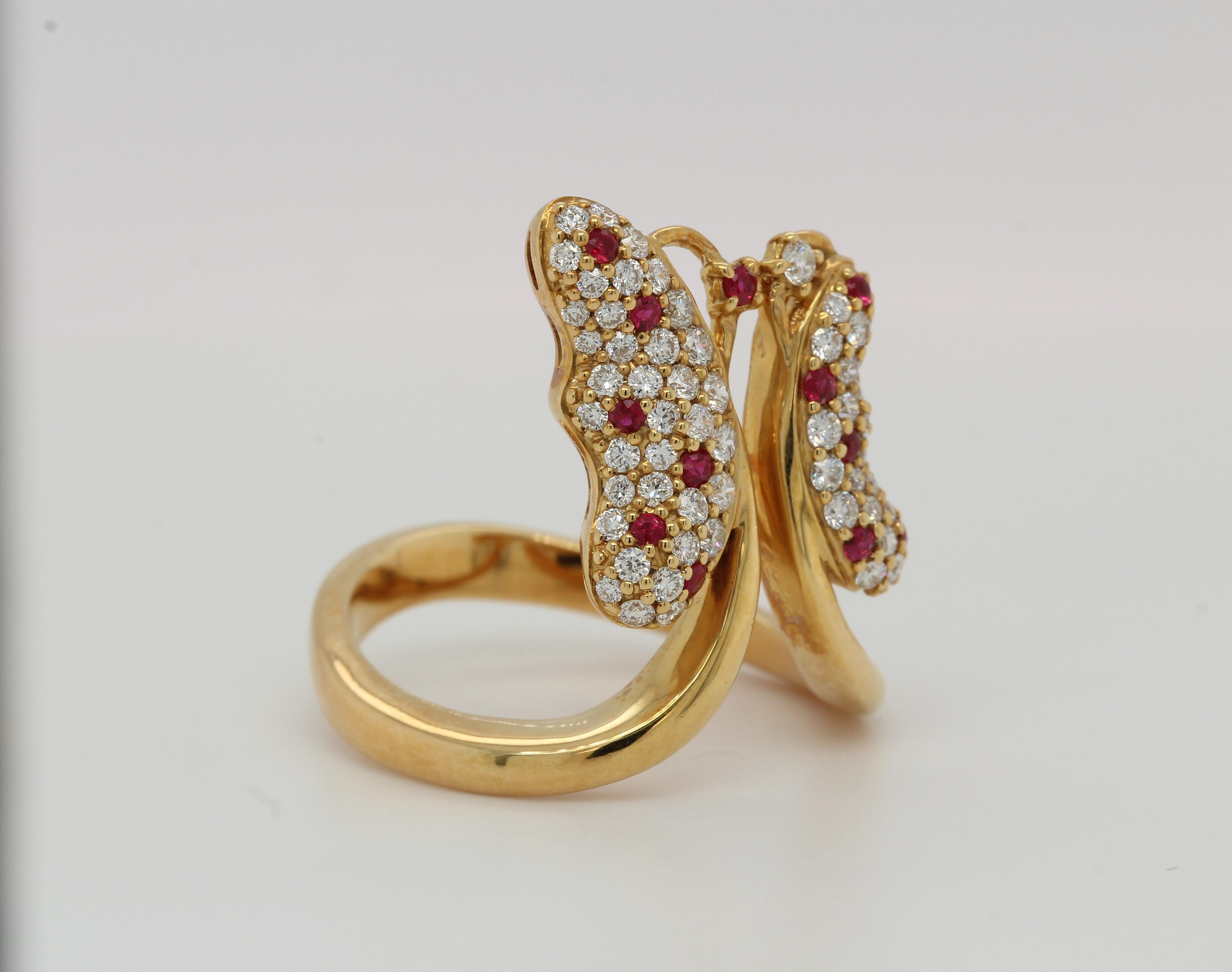Round Cut Ruby and Diamond Butterfly Ring in 18 Karat Gold For Sale
