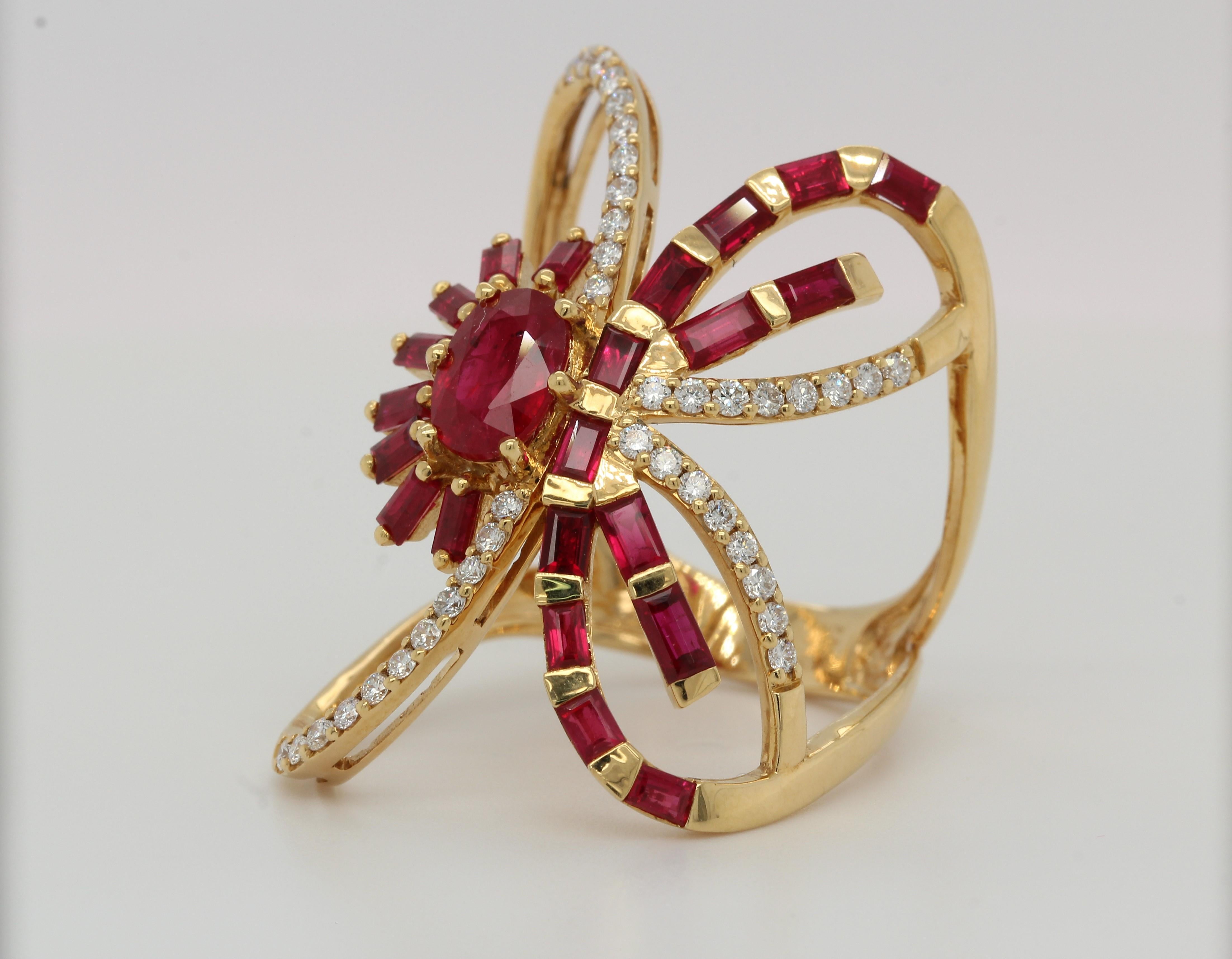 Women's or Men's Ruby and Diamond Butterfly Ring in 18 Karat Gold