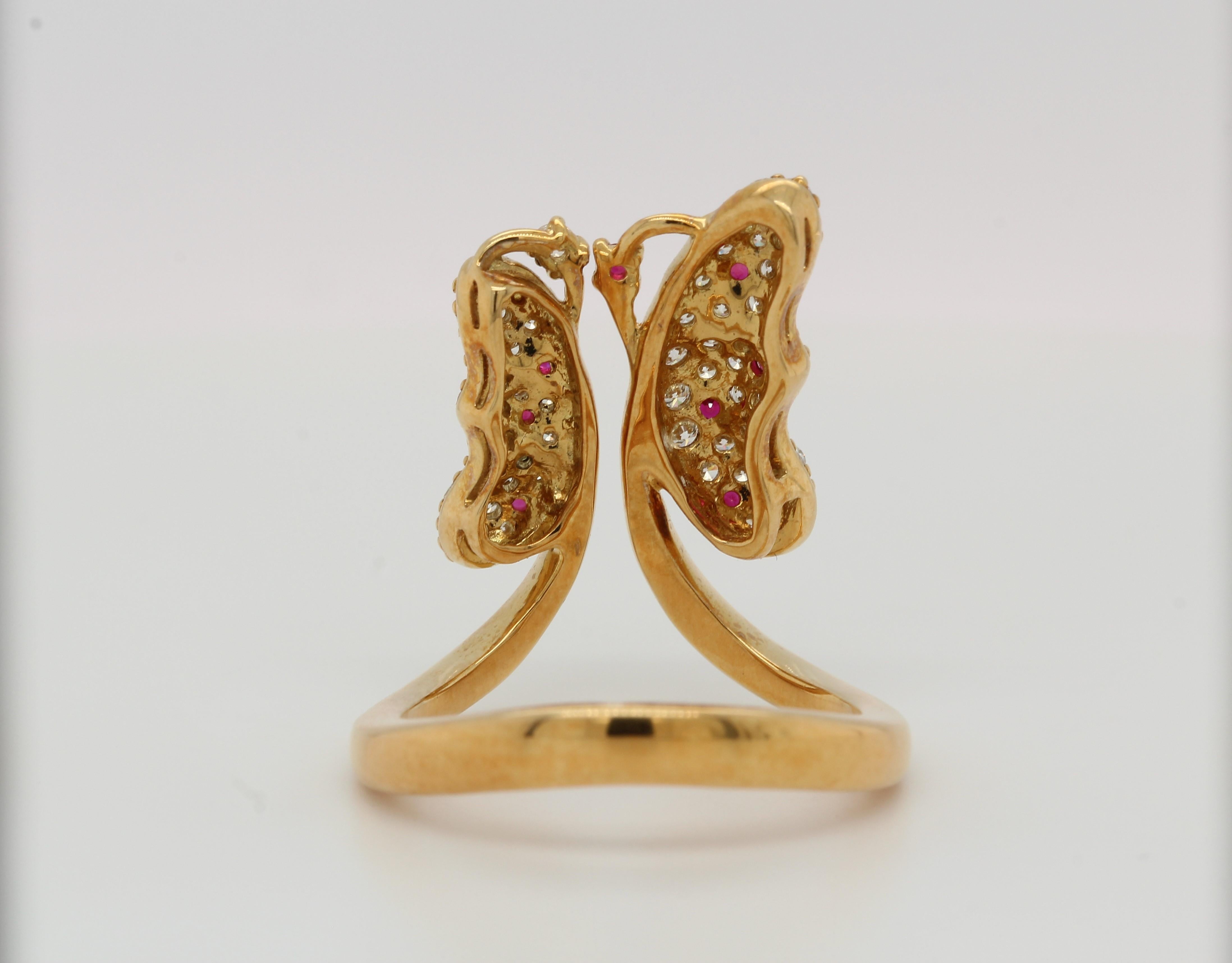 Women's or Men's Ruby and Diamond Butterfly Ring in 18 Karat Gold For Sale