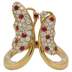 Used Ruby and Diamond Butterfly Ring in 18 Karat Gold