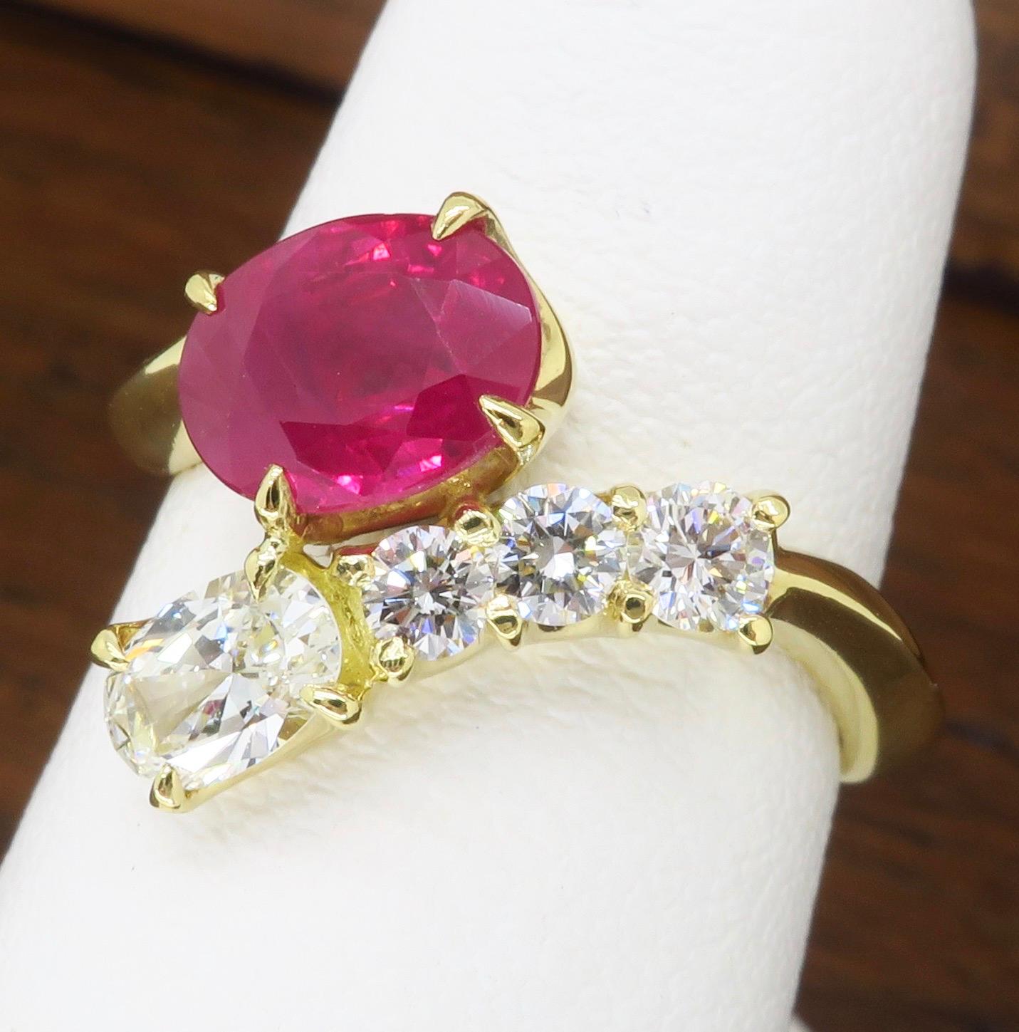 Oval Cut Ruby and Diamond Bypass Ring