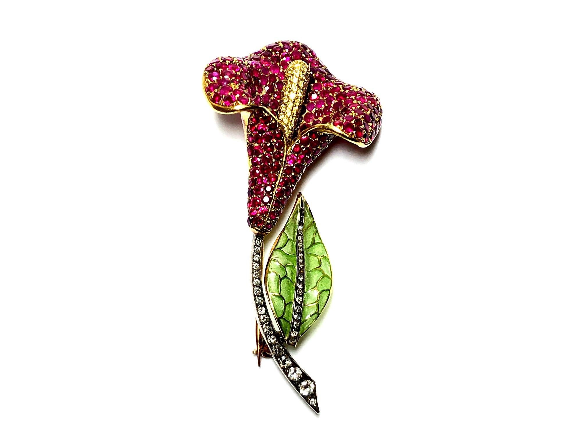Modern Ruby and Diamond Calla Lily Brooch For Sale