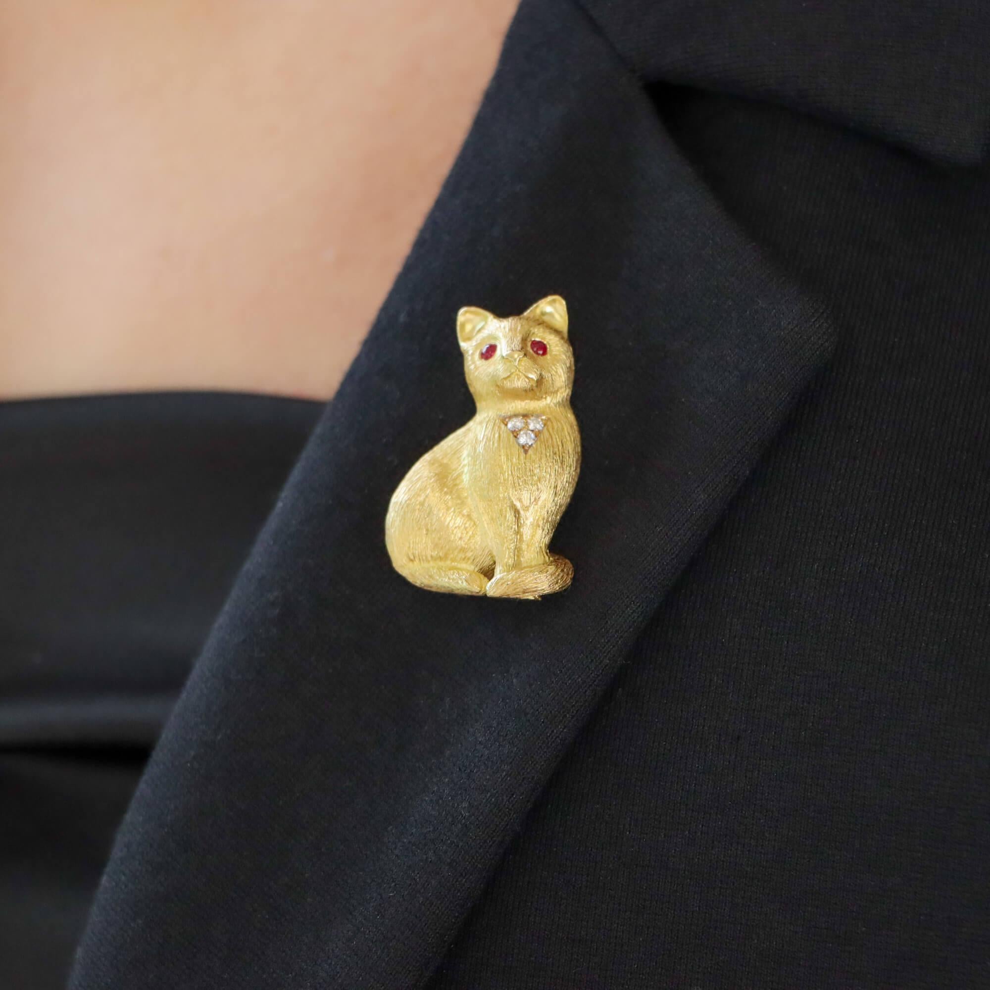Contemporary Ruby and Diamond Cat Pin Brooch Set in 18k Yellow Gold