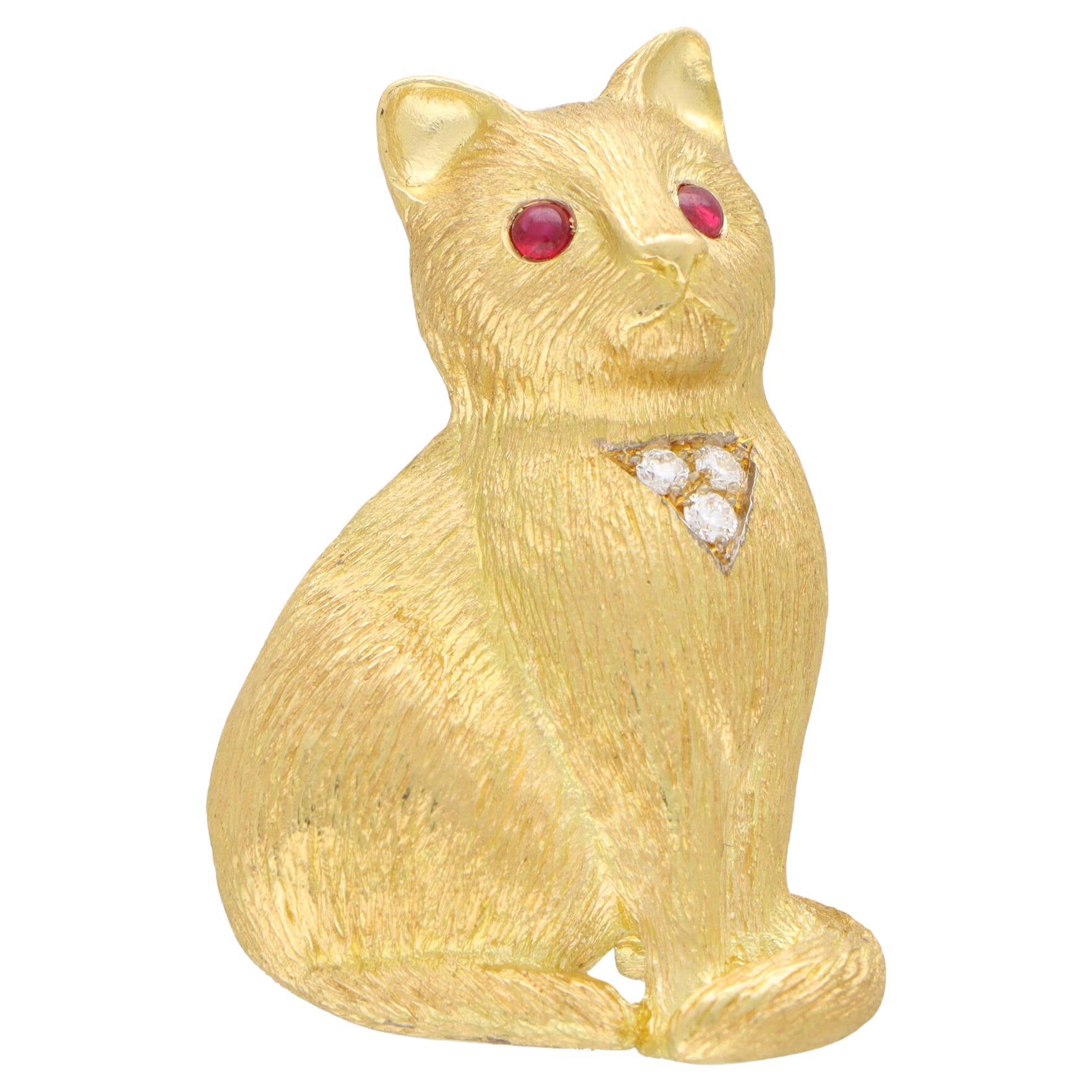 Ruby and Diamond Cat Pin Brooch Set in 18k Yellow Gold