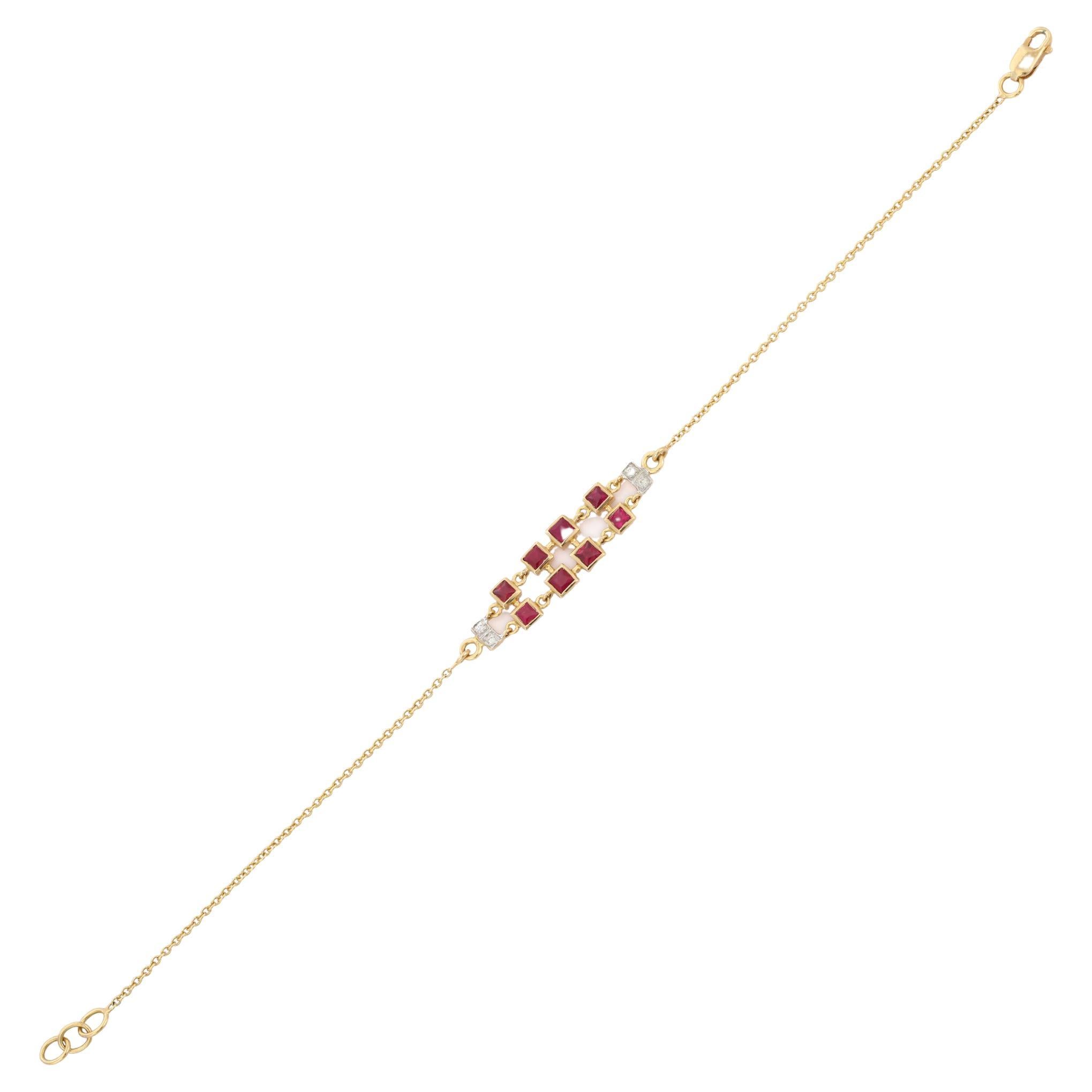 Modern Ruby and Diamond Chain Bracelet in 18K Yellow Gold For Sale