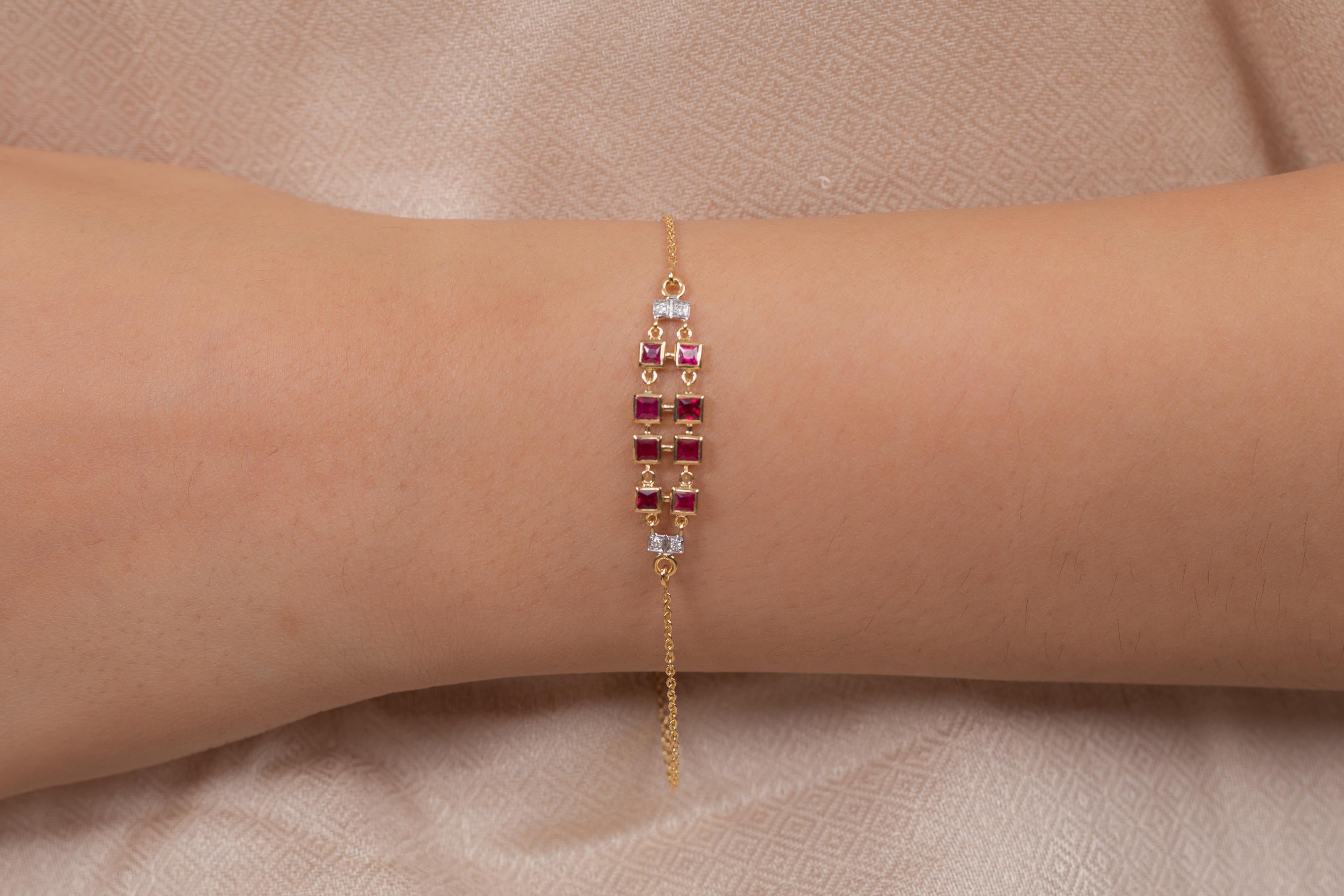 Square Cut Ruby and Diamond Chain Bracelet in 18K Yellow Gold For Sale