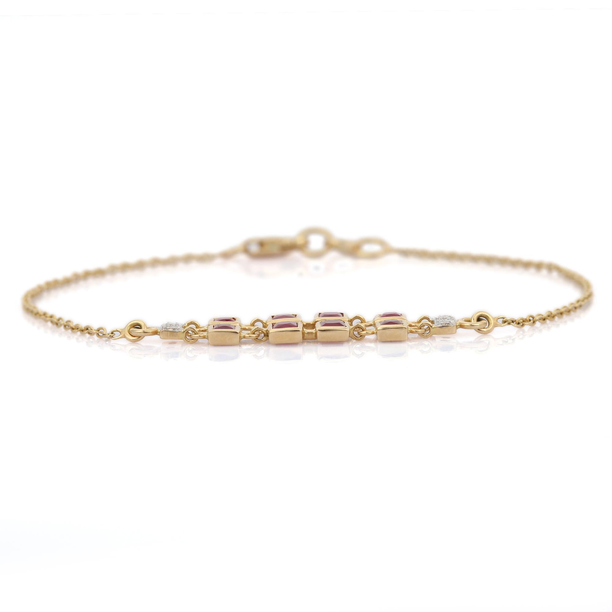 Women's Ruby and Diamond Chain Bracelet in 18K Yellow Gold For Sale