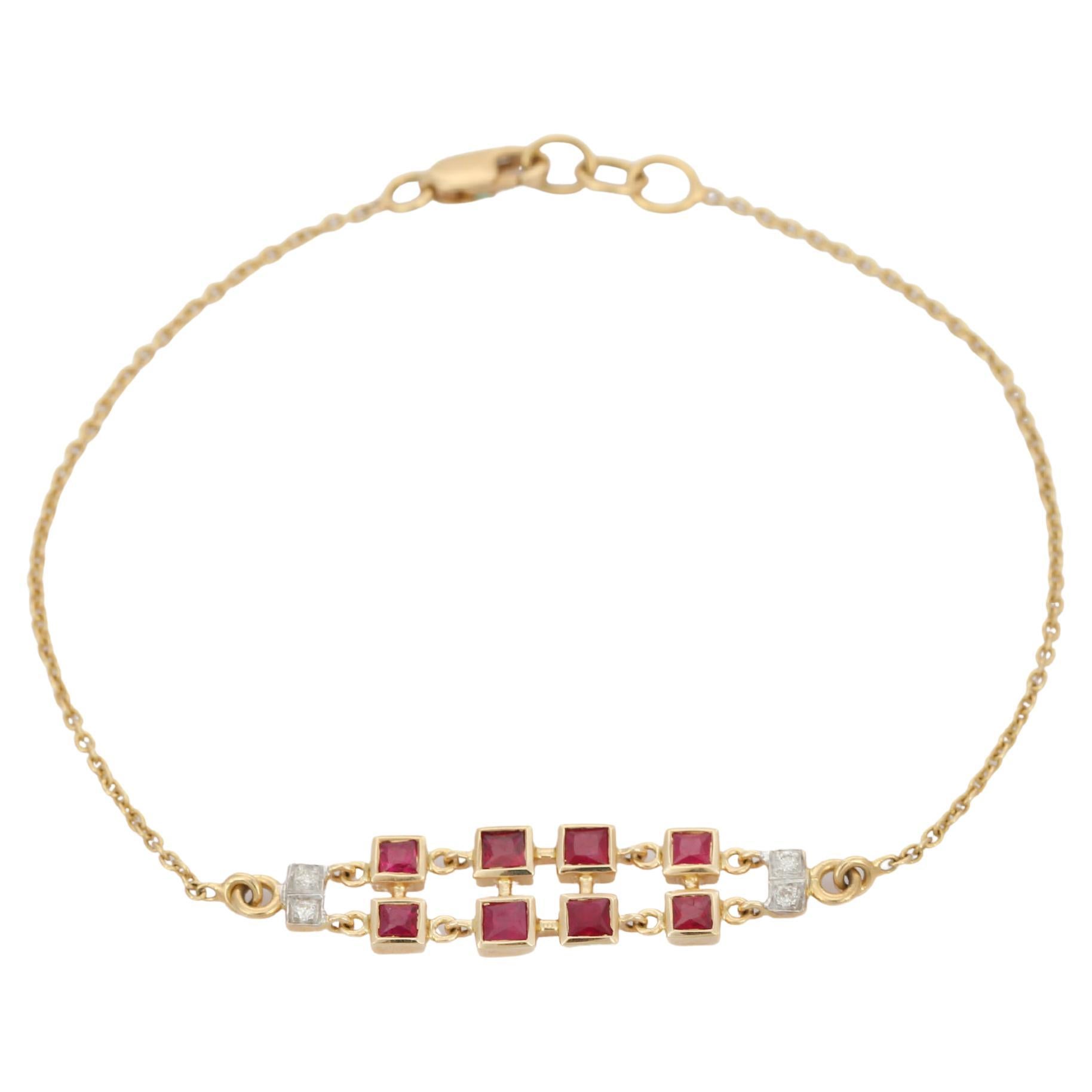 Ruby and Diamond Chain Bracelet in 18K Yellow Gold For Sale