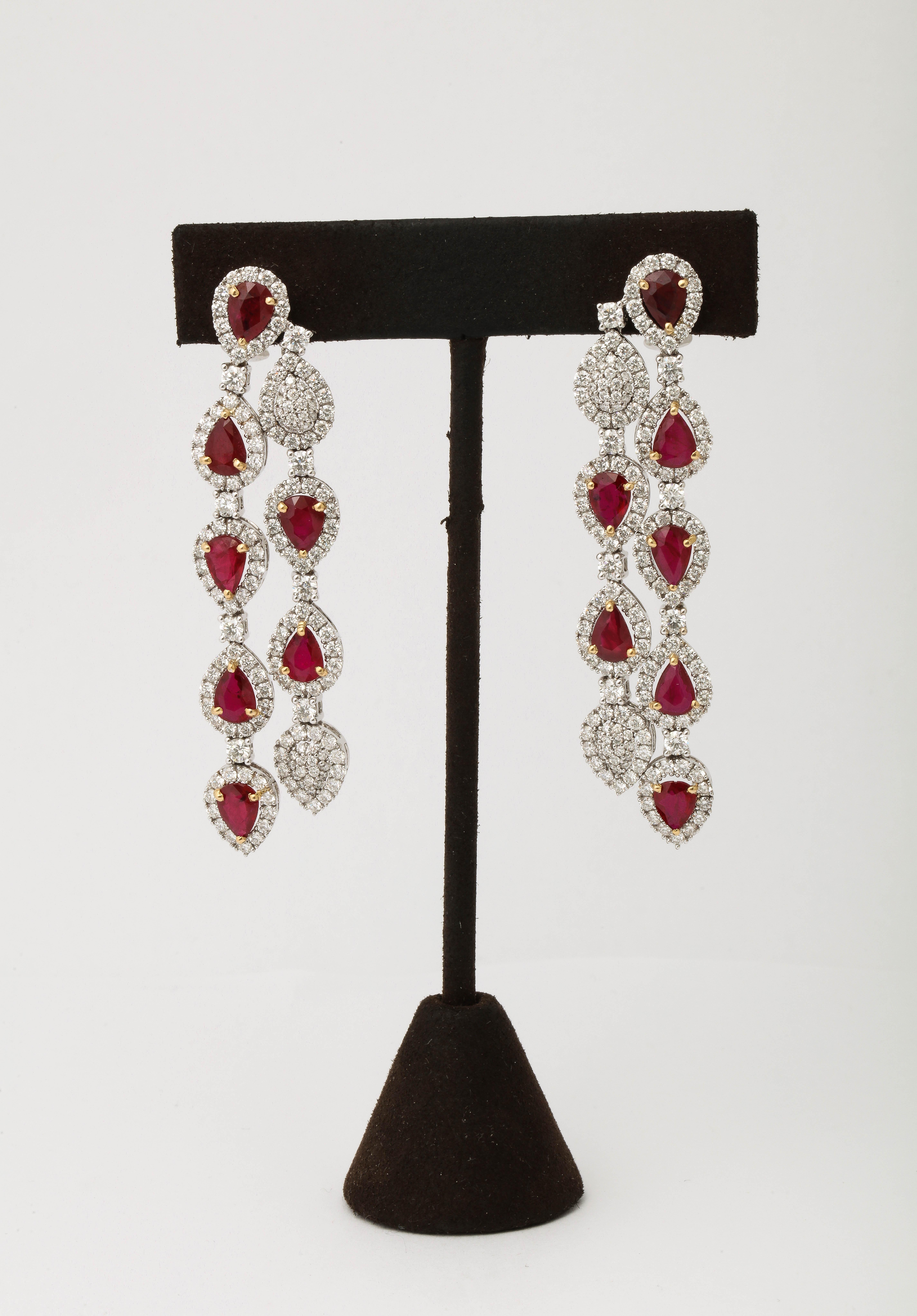 Pear Cut Ruby and Diamond Chandelier Drop Earrings For Sale