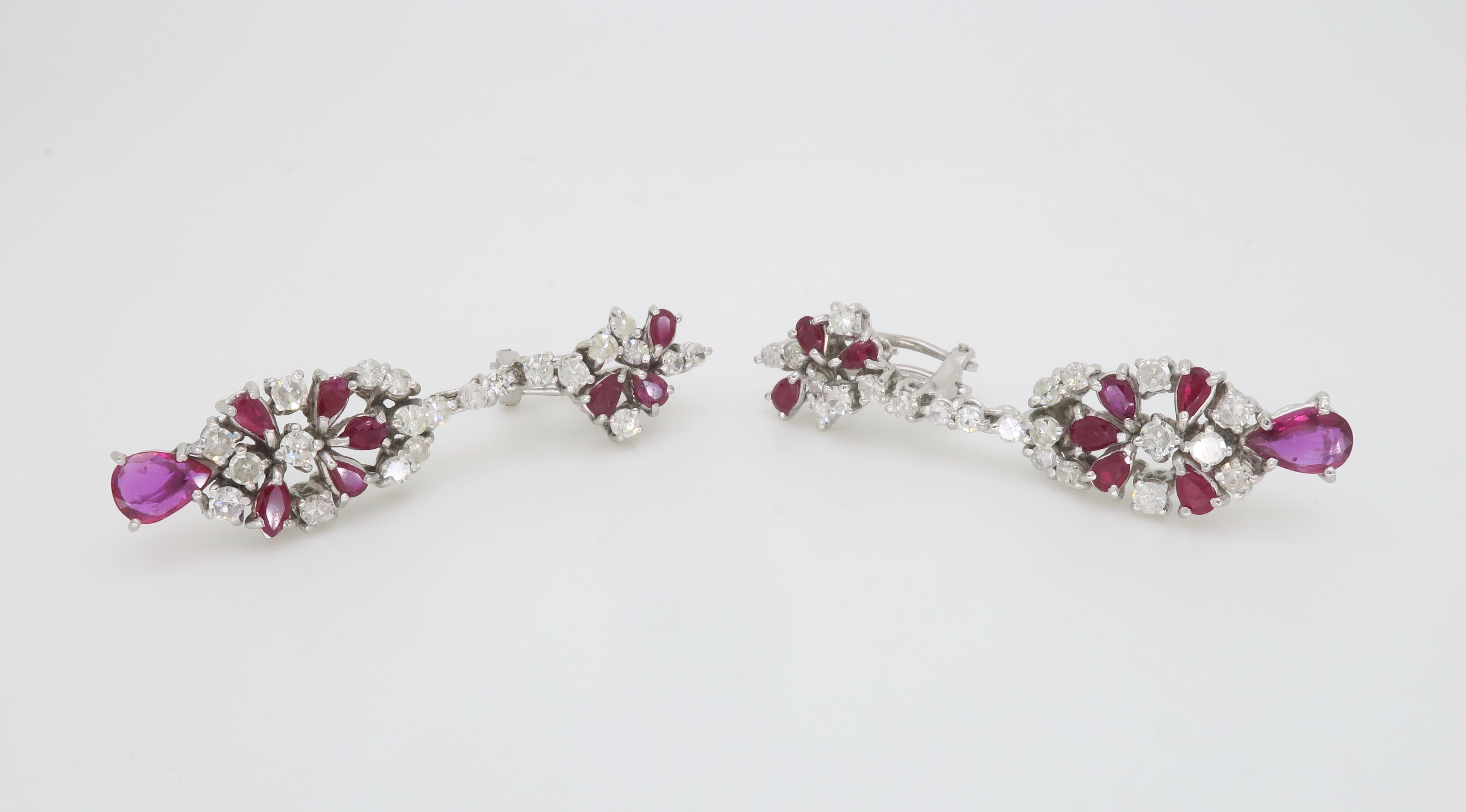 Mixed Cut Ruby and Diamond Chandelier Drop Earrings Made in 18k White Gold For Sale