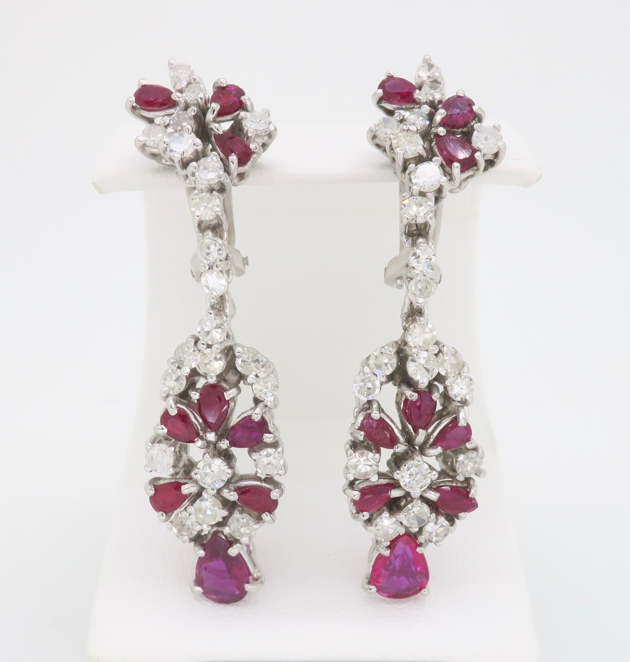 Ruby and Diamond Chandelier Drop Earrings Made in 18k White Gold In Excellent Condition For Sale In Webster, NY