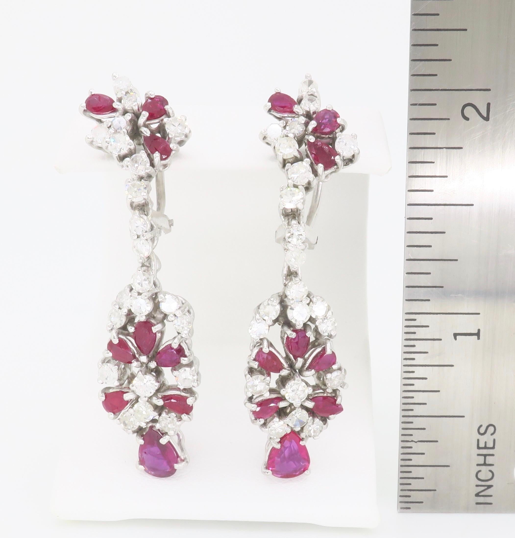 Women's Ruby and Diamond Chandelier Drop Earrings Made in 18k White Gold For Sale