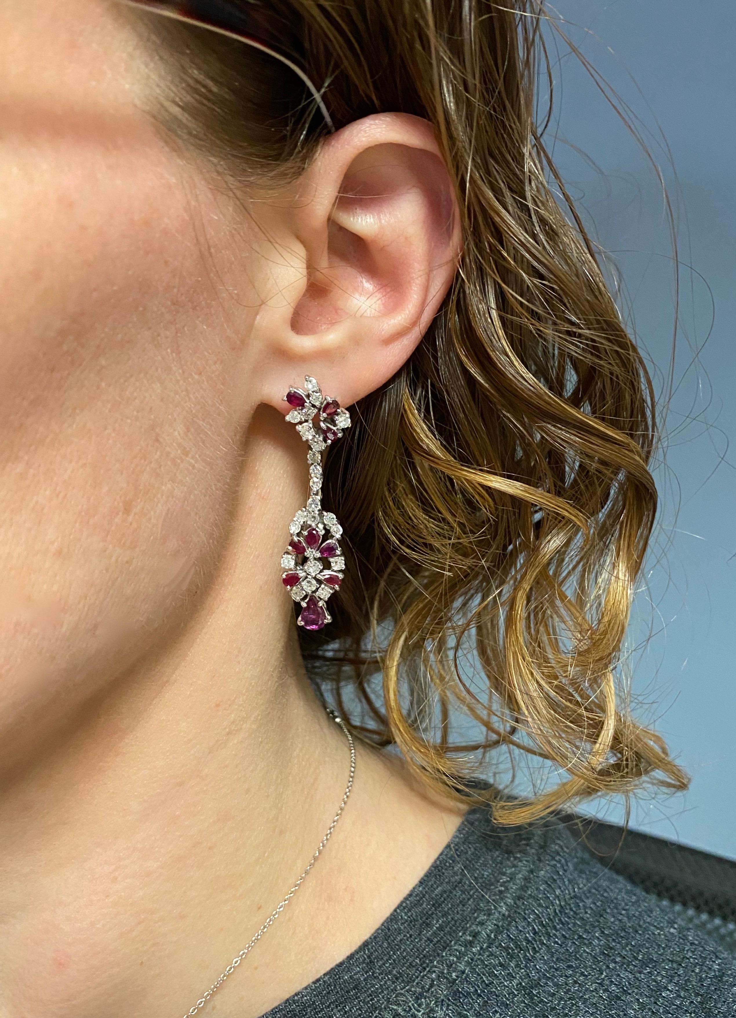 Ruby and Diamond Chandelier Drop Earrings Made in 18k White Gold For Sale 3