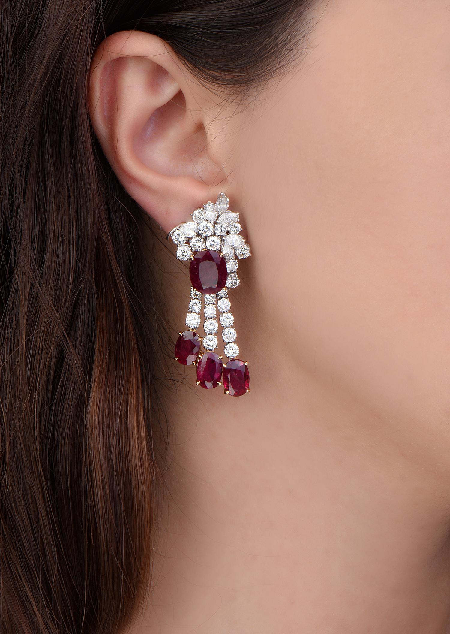 Women's Ruby and Diamond Chandelier Earrings 18 Karat Gold For Sale