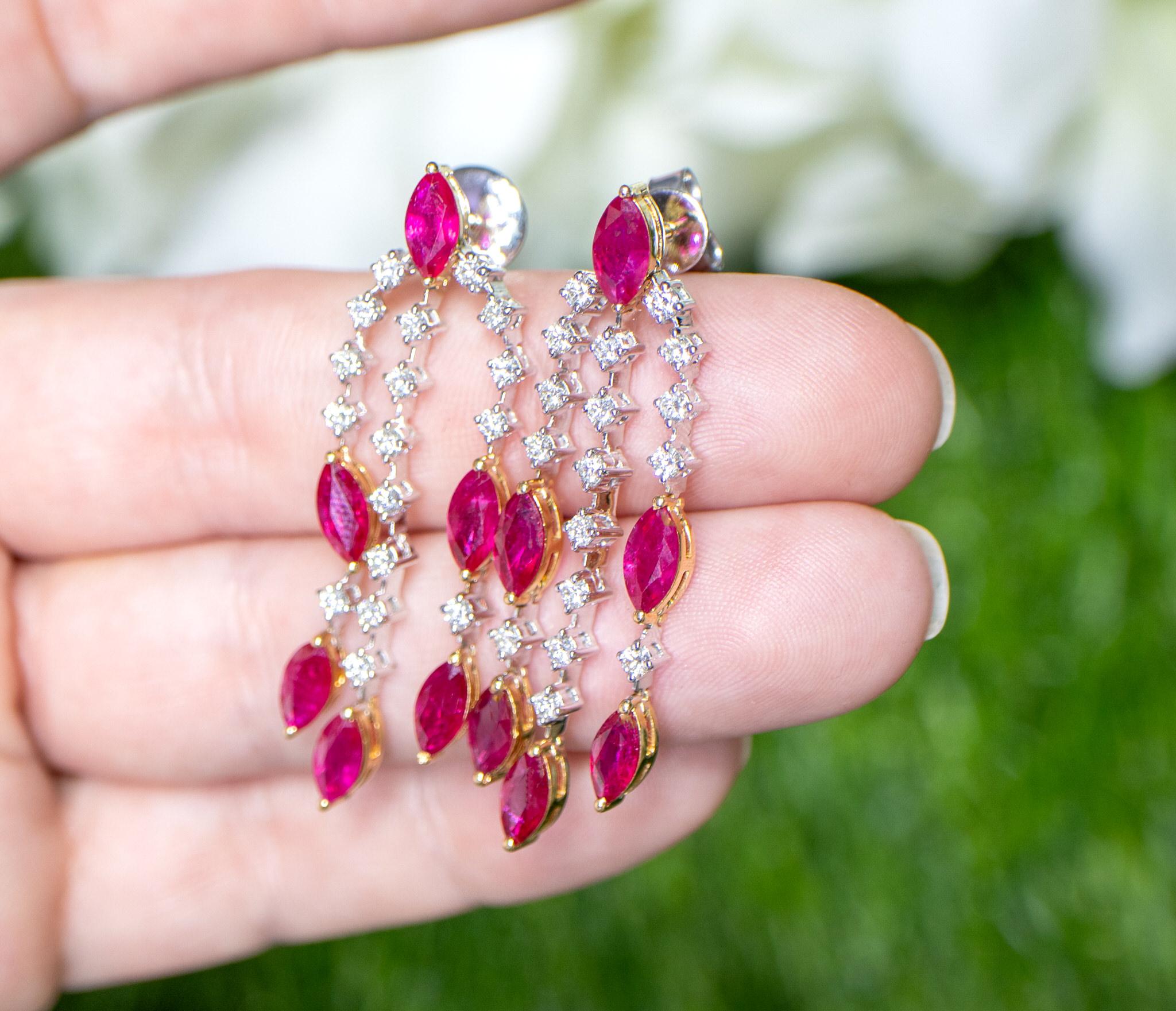 Marquise Cut Ruby and Diamond Chandelier Earrings 5.4 Carats 18K Gold For Sale