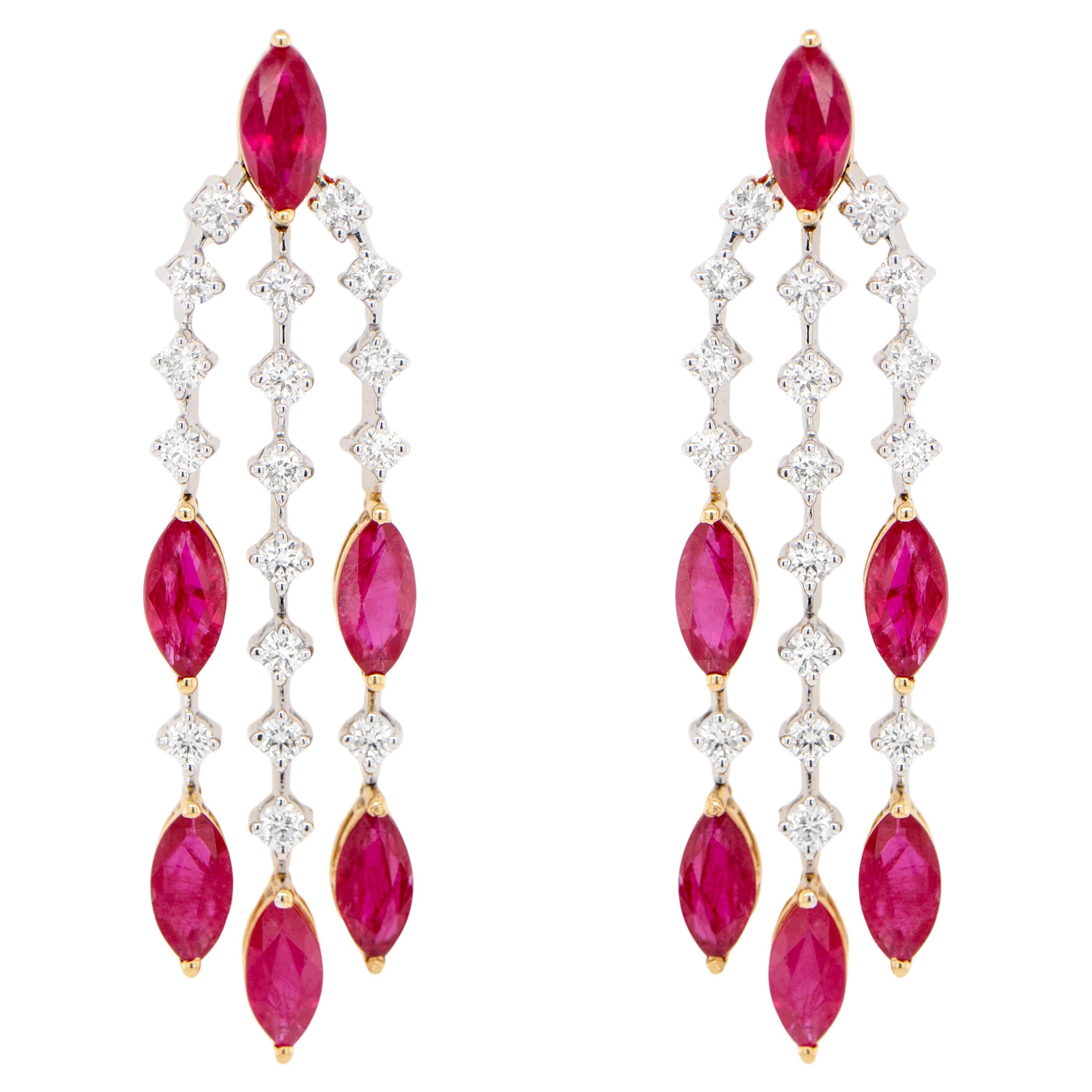 Ruby and Diamond Chandelier Earrings 5.4 Carats 18K Gold For Sale