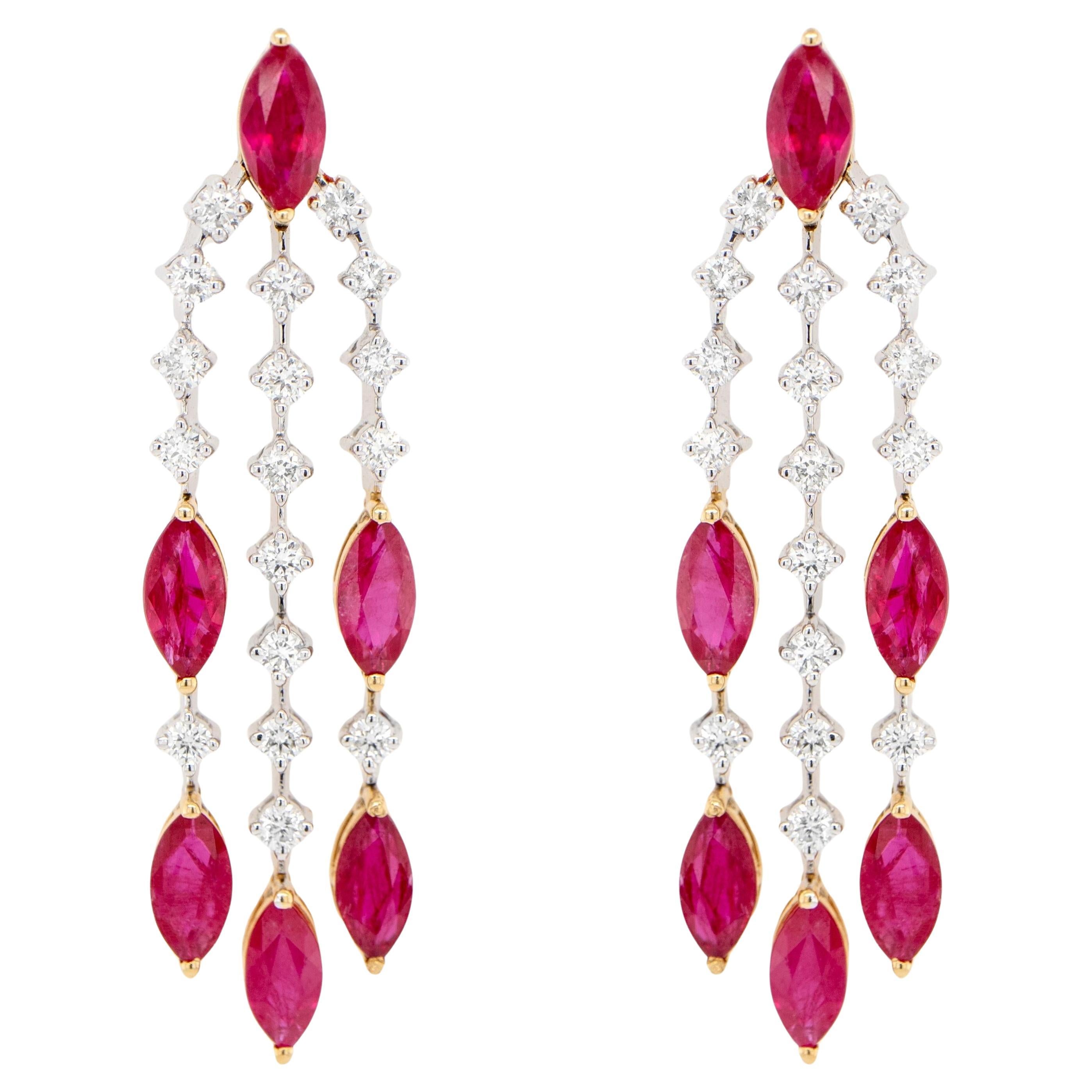 Ruby and Diamond Chandelier Earrings 5.4 Carats 18K Gold For Sale