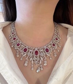Ruby and Diamond Chandelier Necklace with Ring and Earrings 18k White Gold