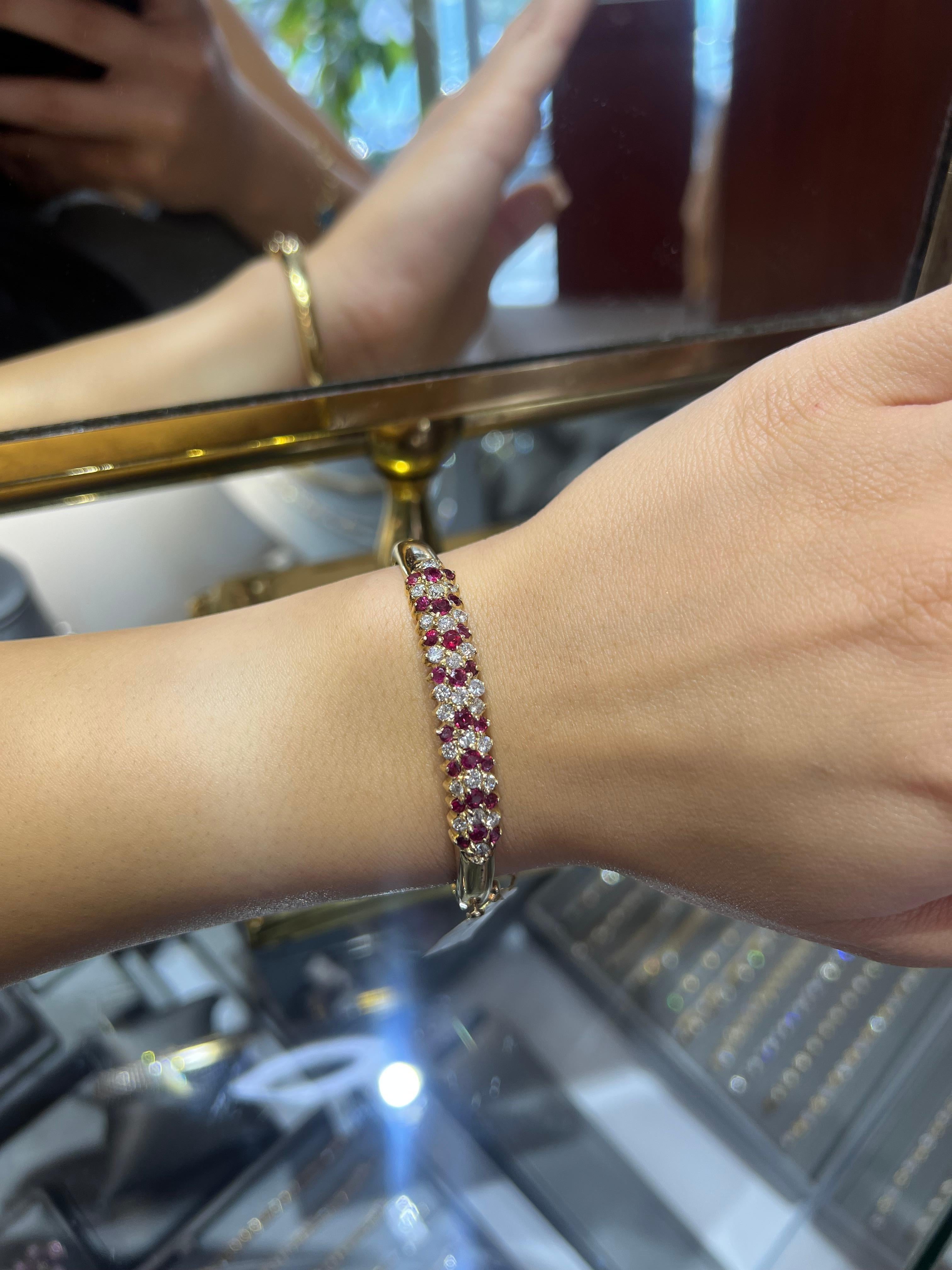Women's Ruby and Diamond Chevron Yellow Gold Solid Bangle bracelet For Sale