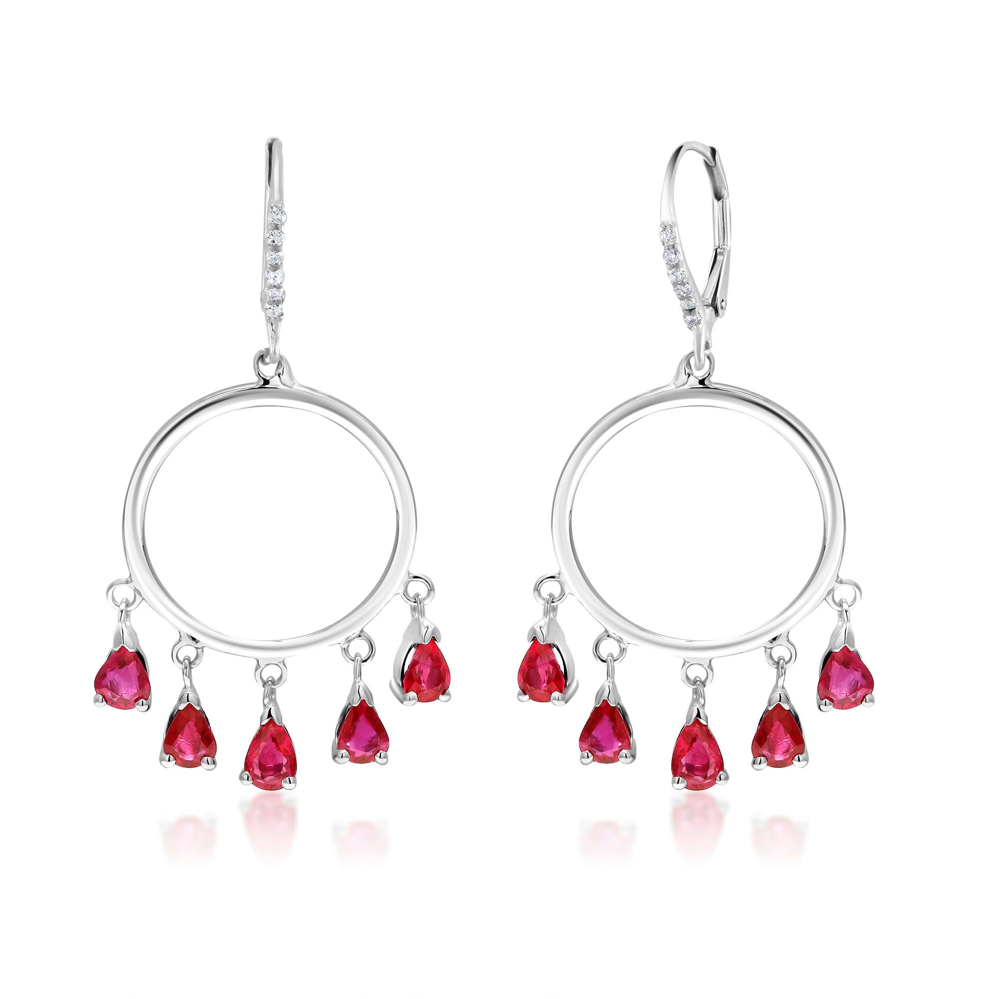 Contemporary Ten Pear Shape Dangle Ruby and Diamond White Gold Double Circle Hoop Earrings